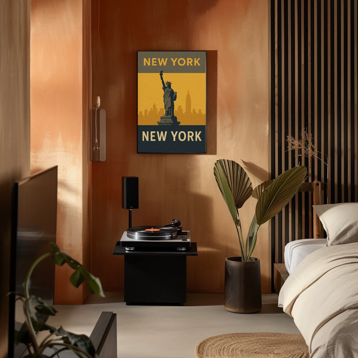 New York City Statue Skyline Yellow Vintage Travel Poster