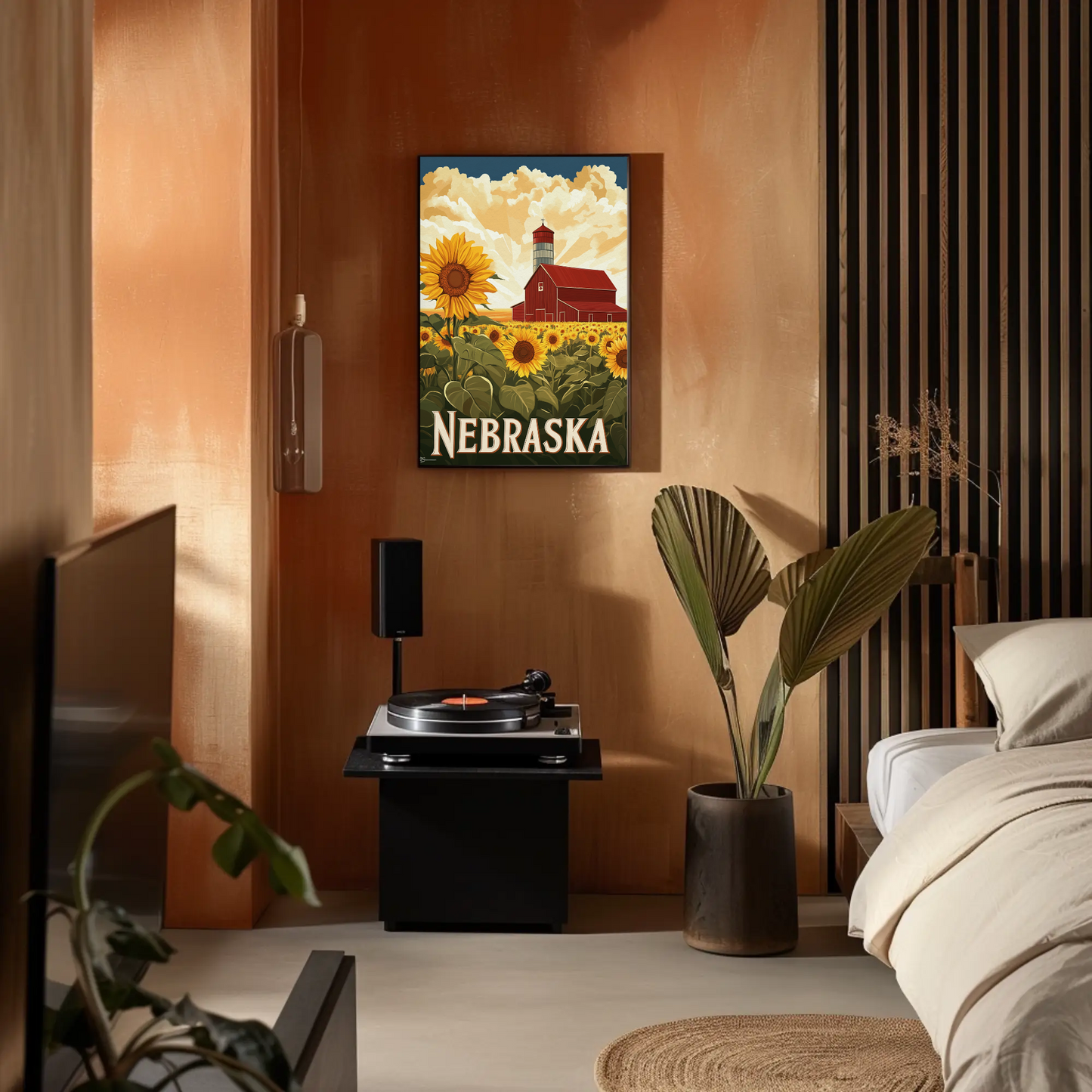 Nebraska Vintage Poster - Sunflower Barn