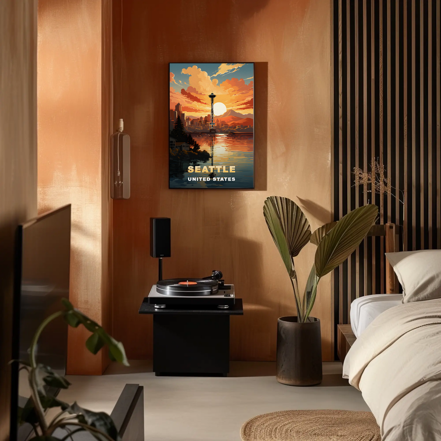 Seattle Washington Space Needle Sunset Vintage Travel Poster