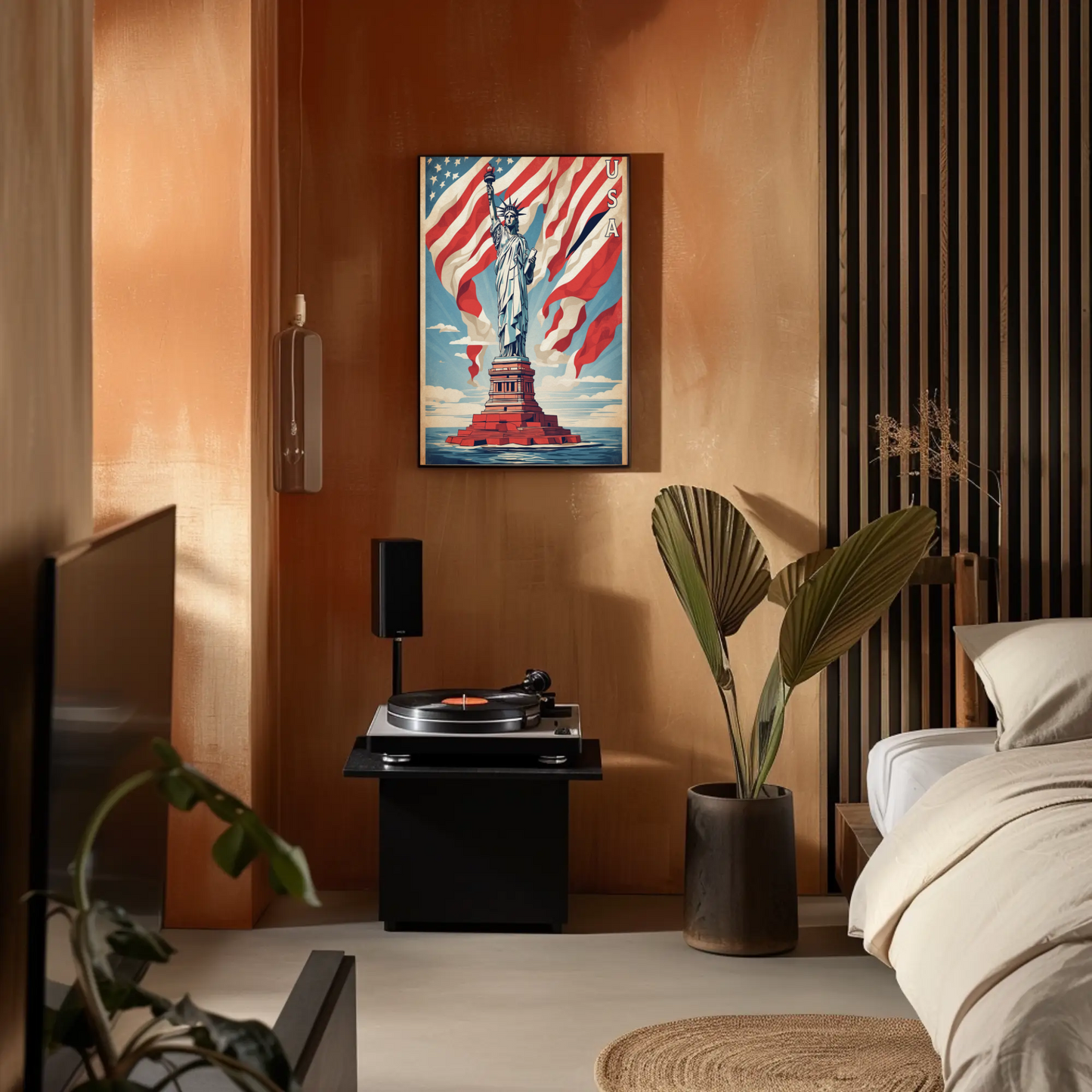Liberty Statue American Flag Waves Vintage Travel Poster