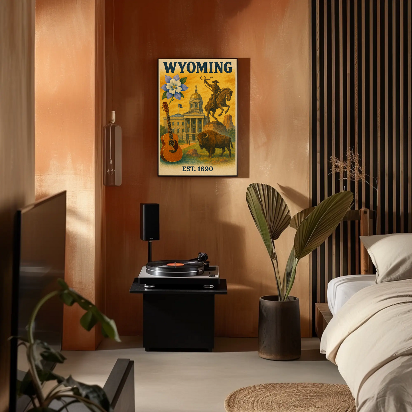 Wyoming Capitol Rodeo Guitar Bison Flower Vintage Travel Poster