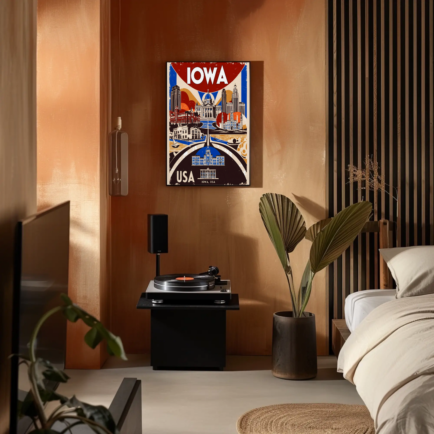 Iowa USA Civic Dome And Skyline Vintage Maroon Travel Poster