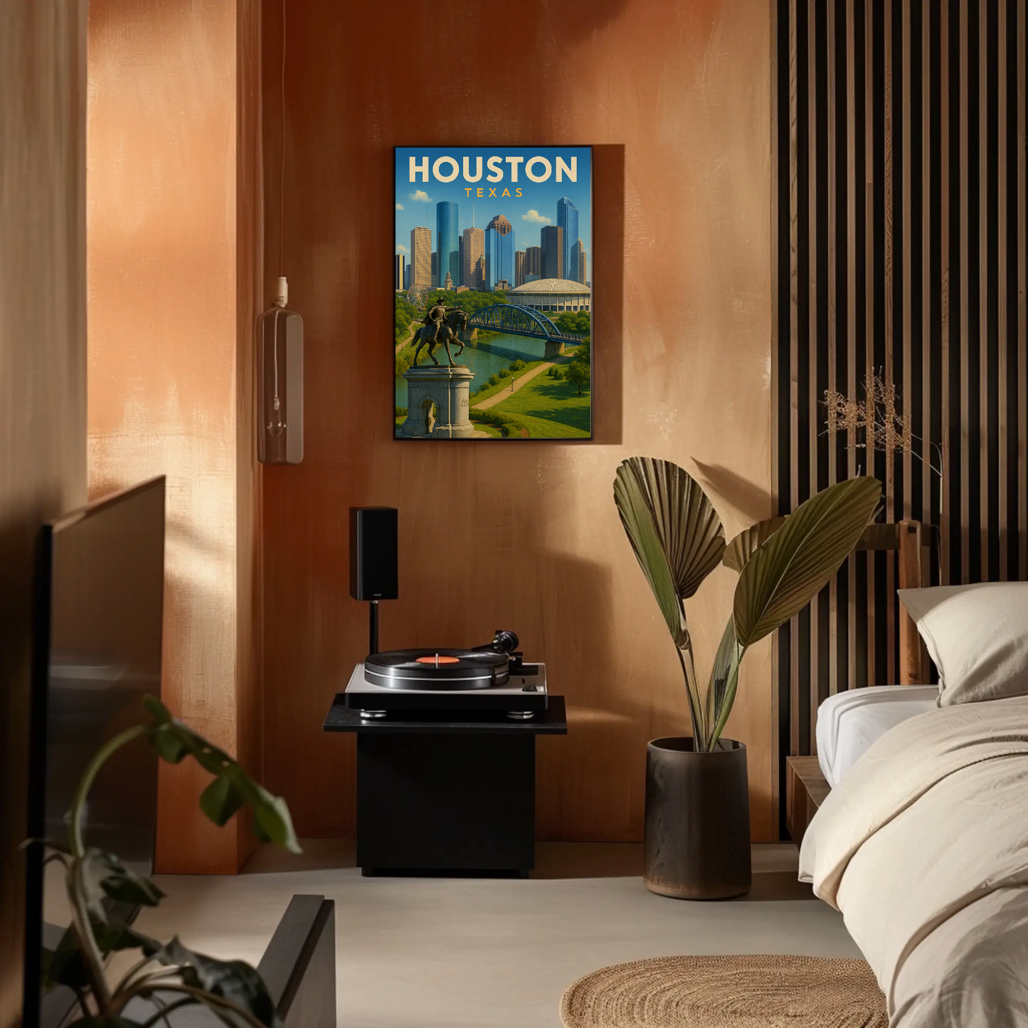 Houston Texas Skyline River Monument Vintage Travel Poster