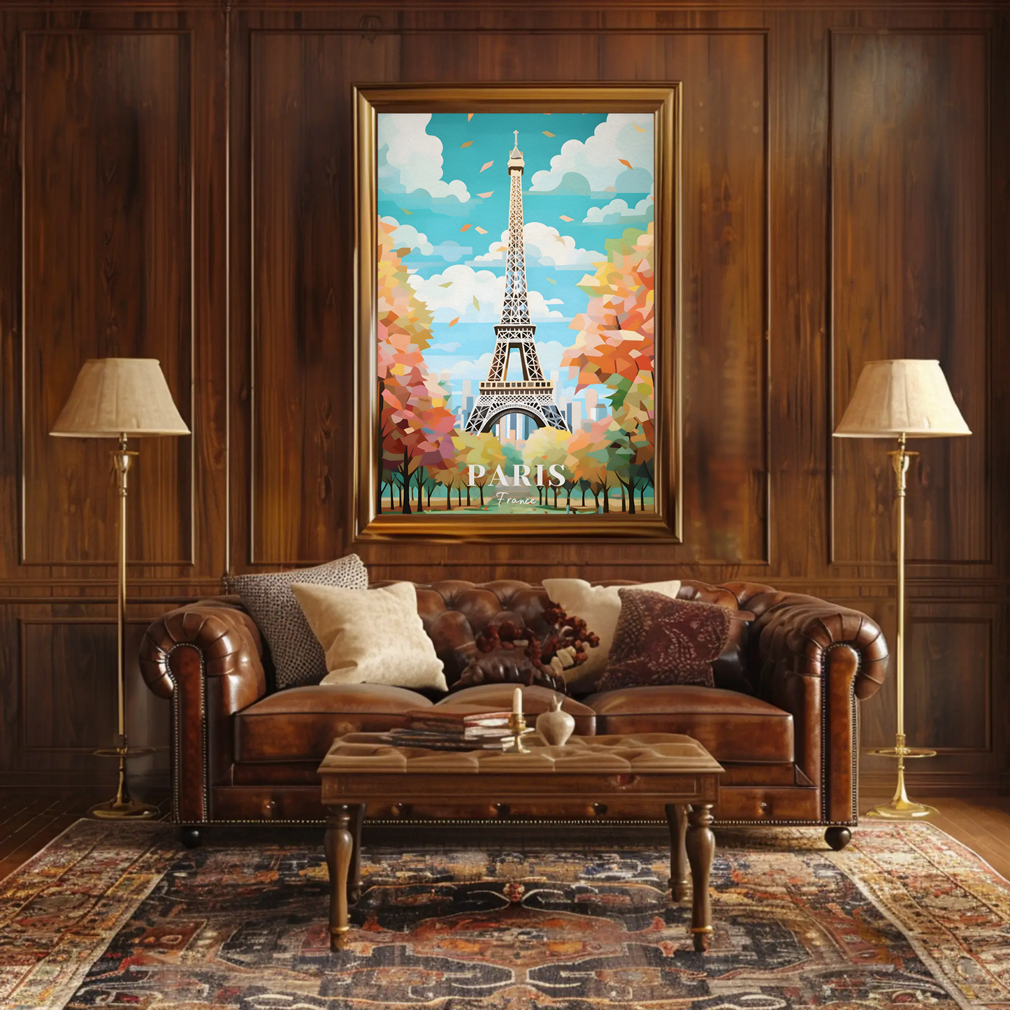 Paris France Eiffel Tower Autumn Leaves Vintage Travel Poster