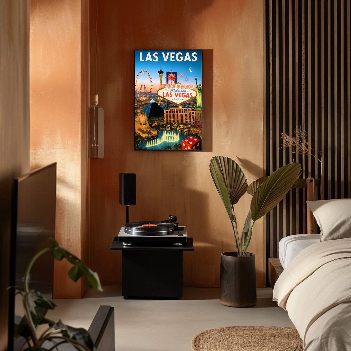 Las Vegas Iconic Landmarks Night Lights Vintage Travel Poster