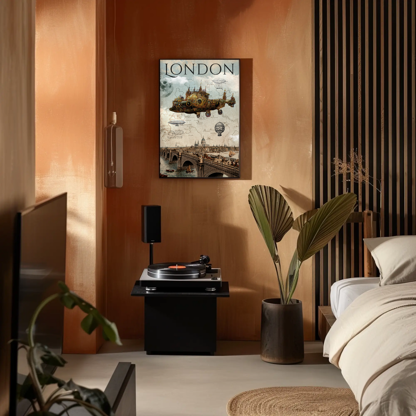 London Steampunk Flying City Bridge Fantasy Poster