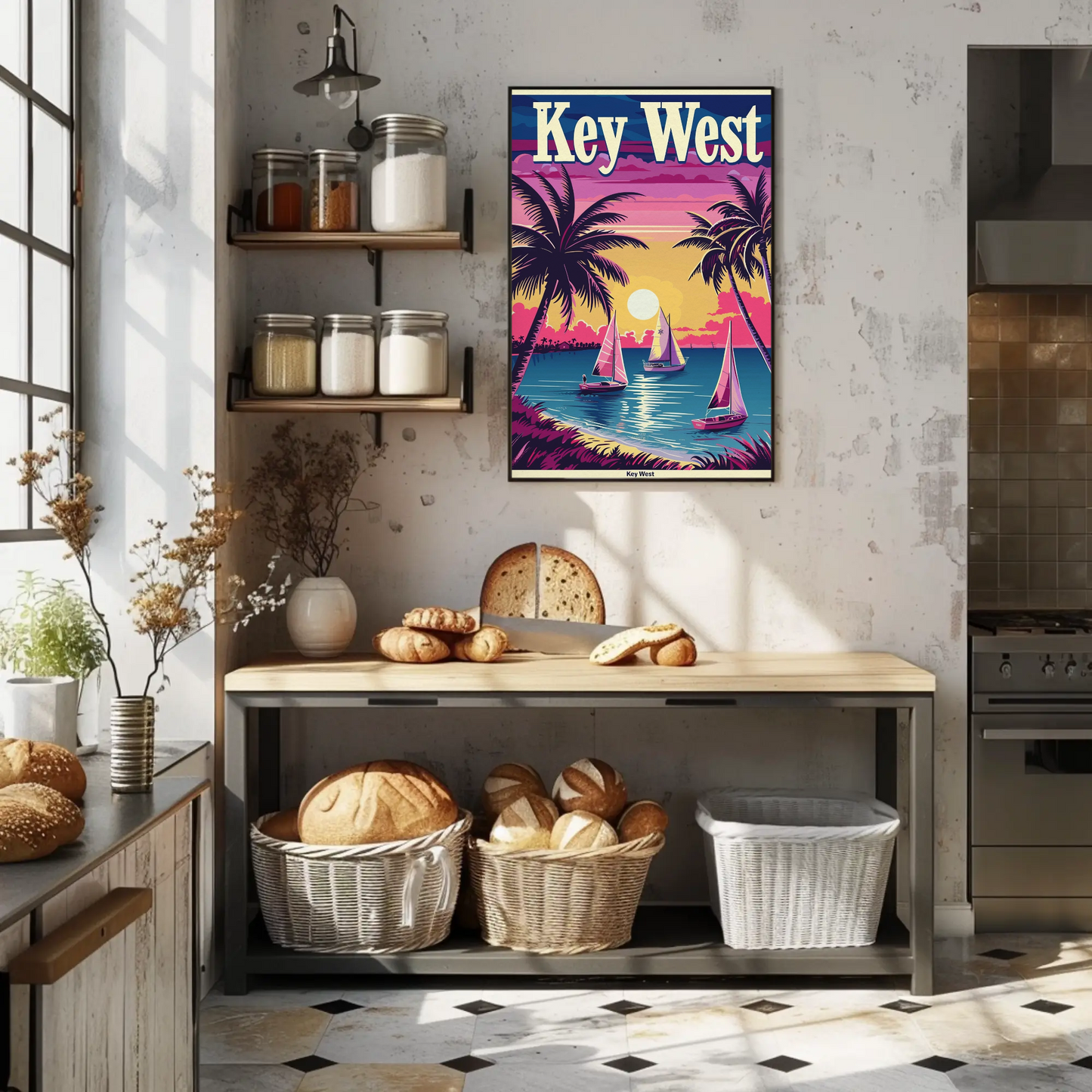 Key West Sailboats at Sunset Vintage Style Poster