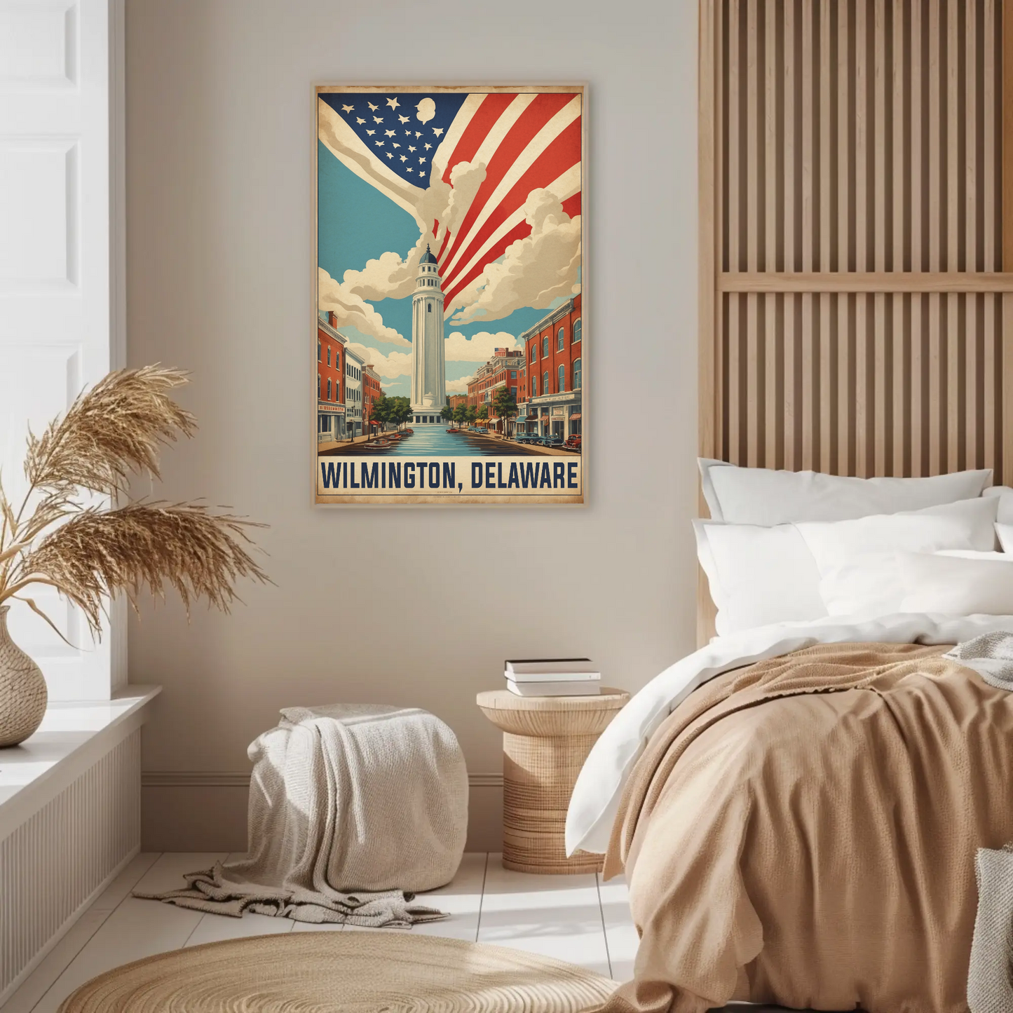 Wilmington Delaware Tower And Flag Streetscape Vintage Travel Poster