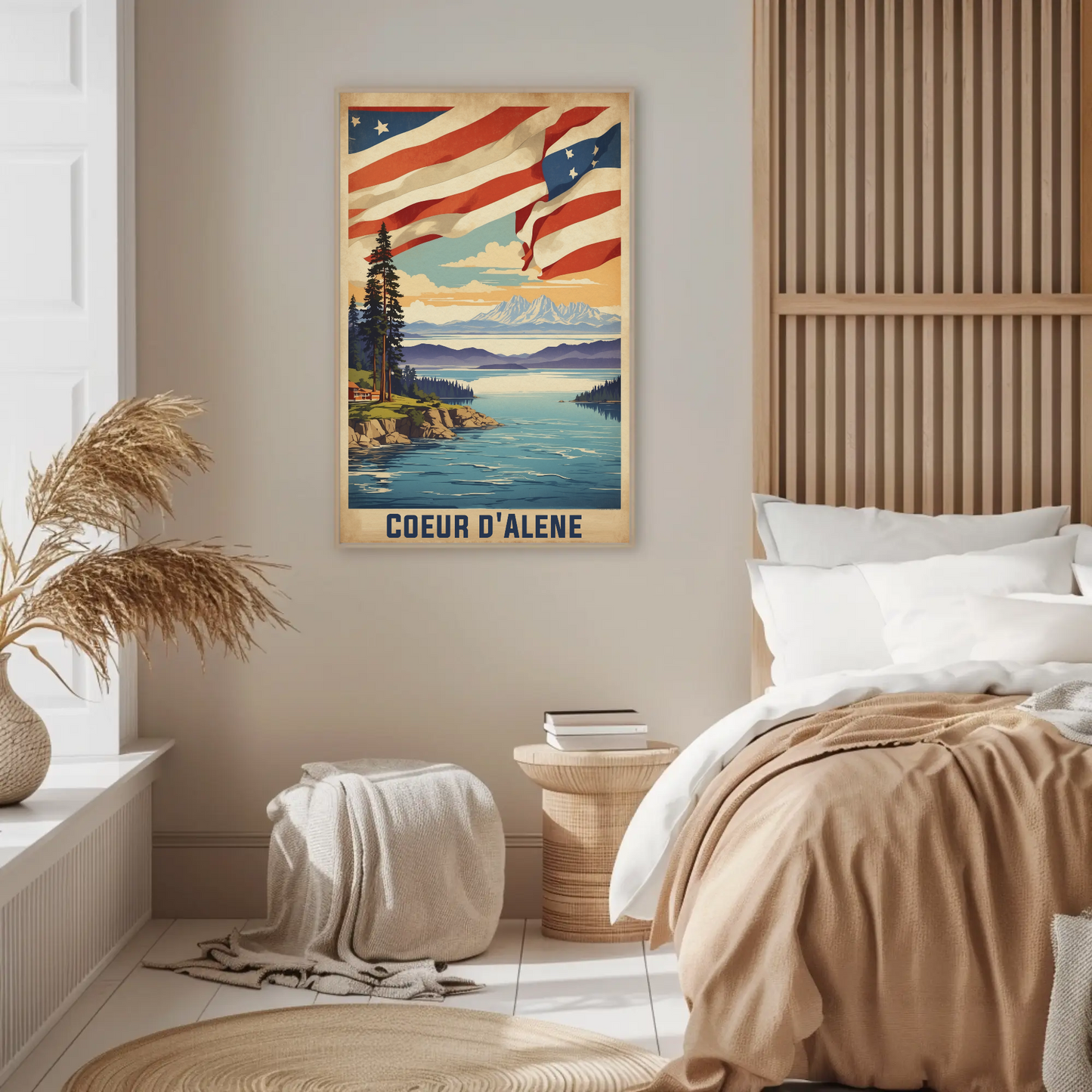 Coeur d'Alene Idaho Lake Mountains Flag Vintage Travel Poster