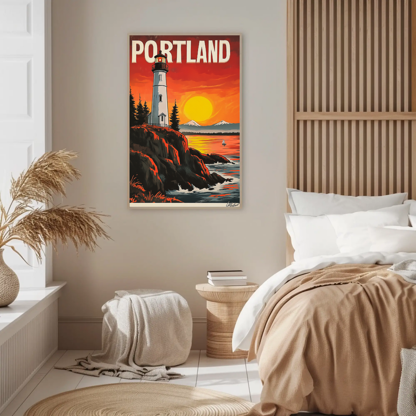 Portland Vintage Poster - Lighthouse at Sunset