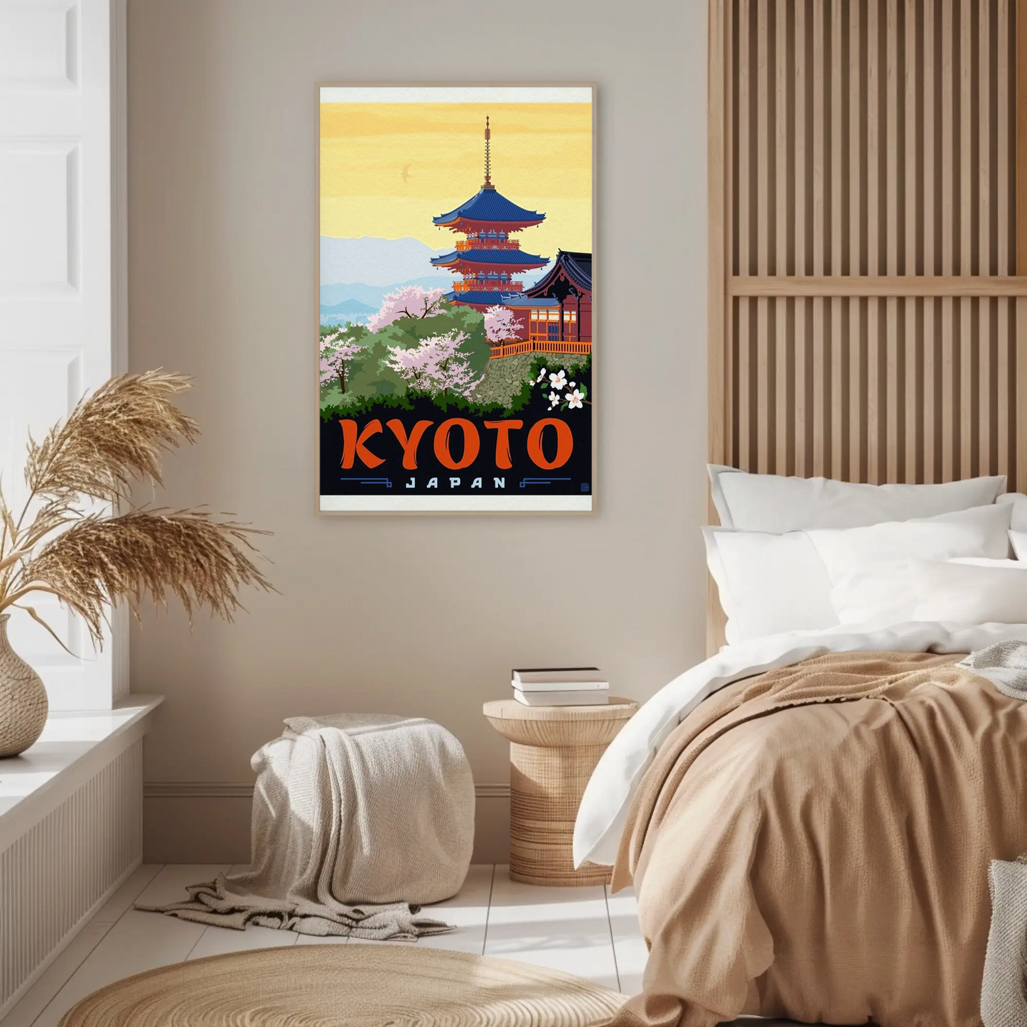 Kyoto Japan Pagoda Cherry Blossoms Temple Scene Vintage Travel Poster