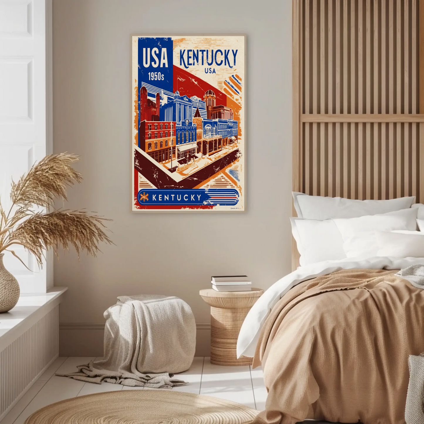 Kentucky USA 1950s Downtown Streets Vintage Maroon Travel Poster