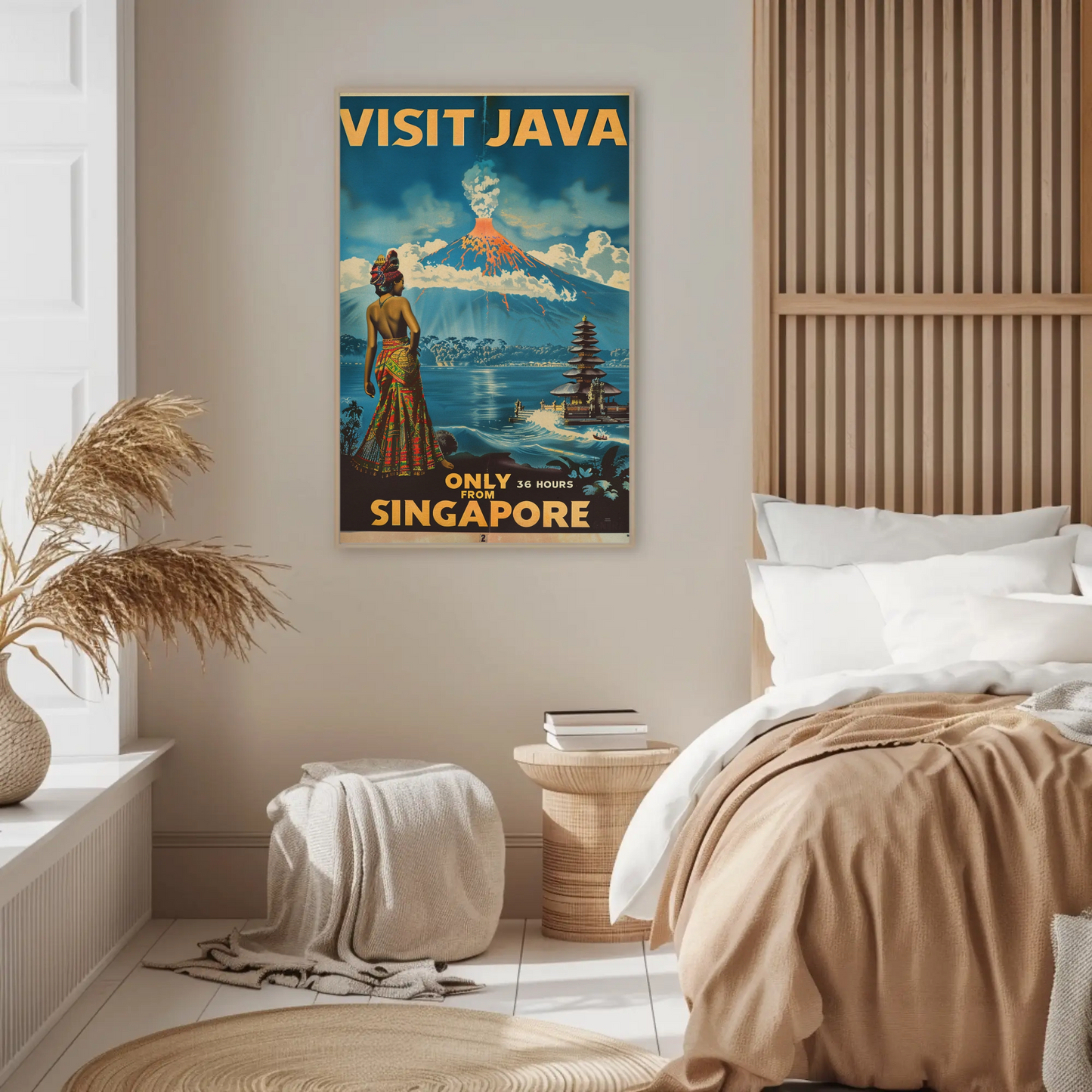 Visit Java Volcano Temple Woman View Vintage Travel Poster