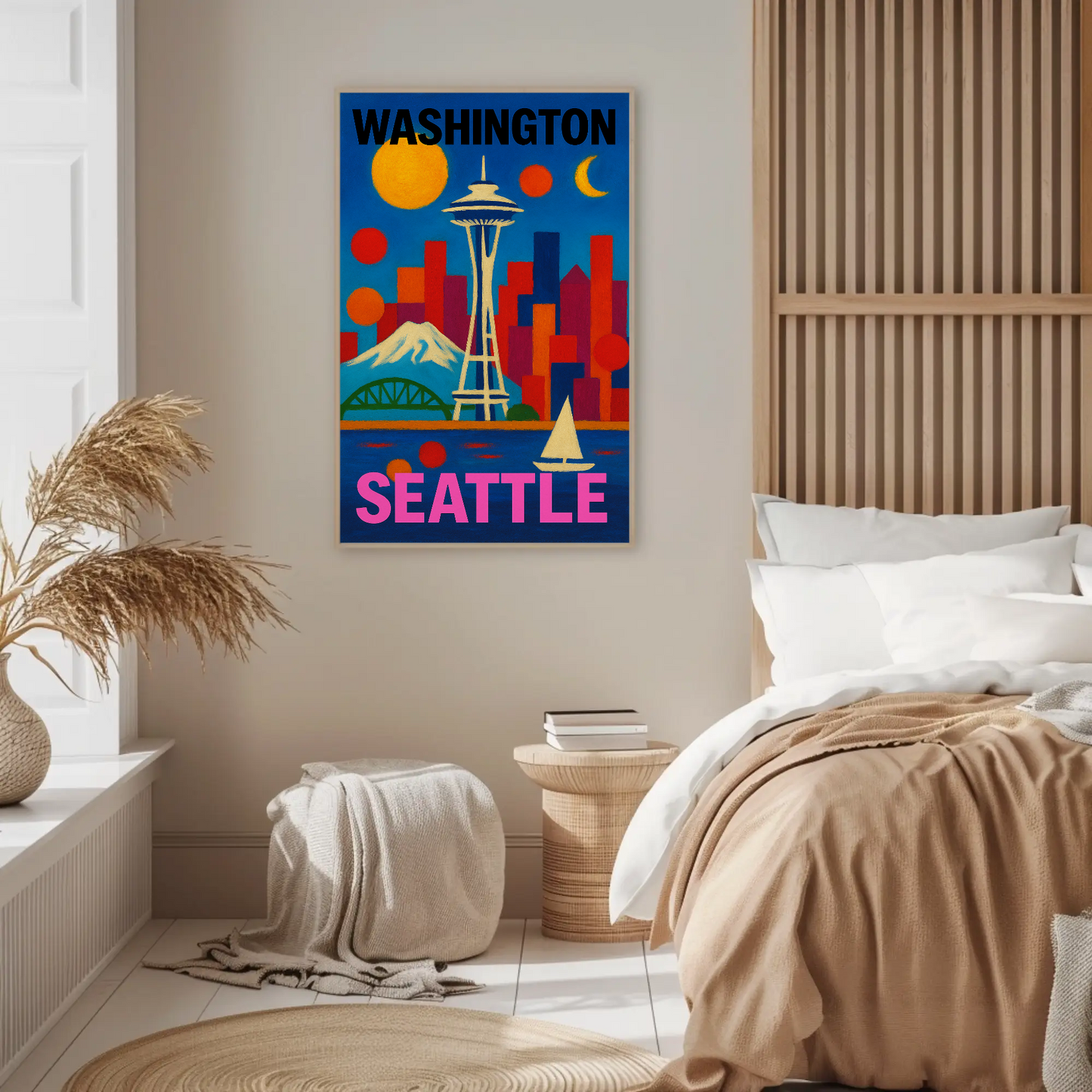 Washington Seattle Space Needle Mountains Sunset Vintage Travel Poster