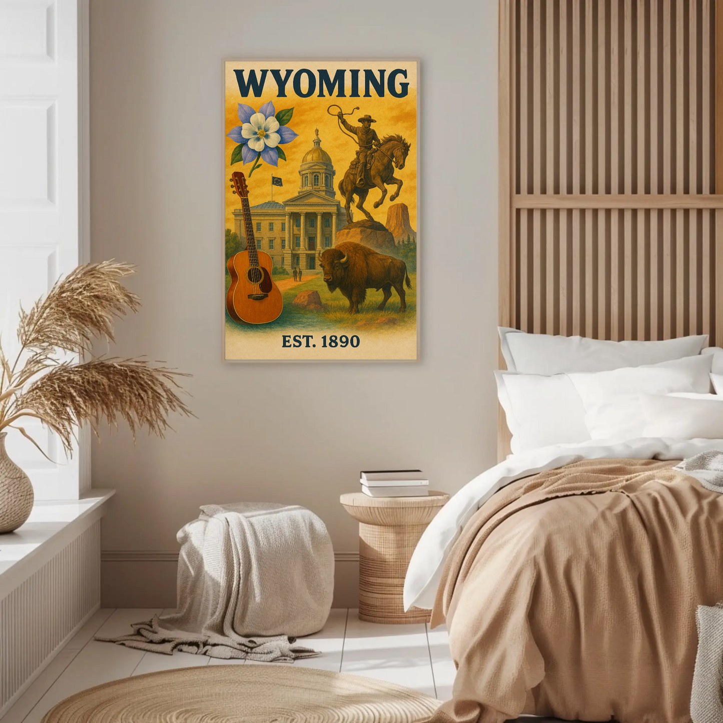 Wyoming Capitol Rodeo Guitar Bison Flower Vintage Travel Poster