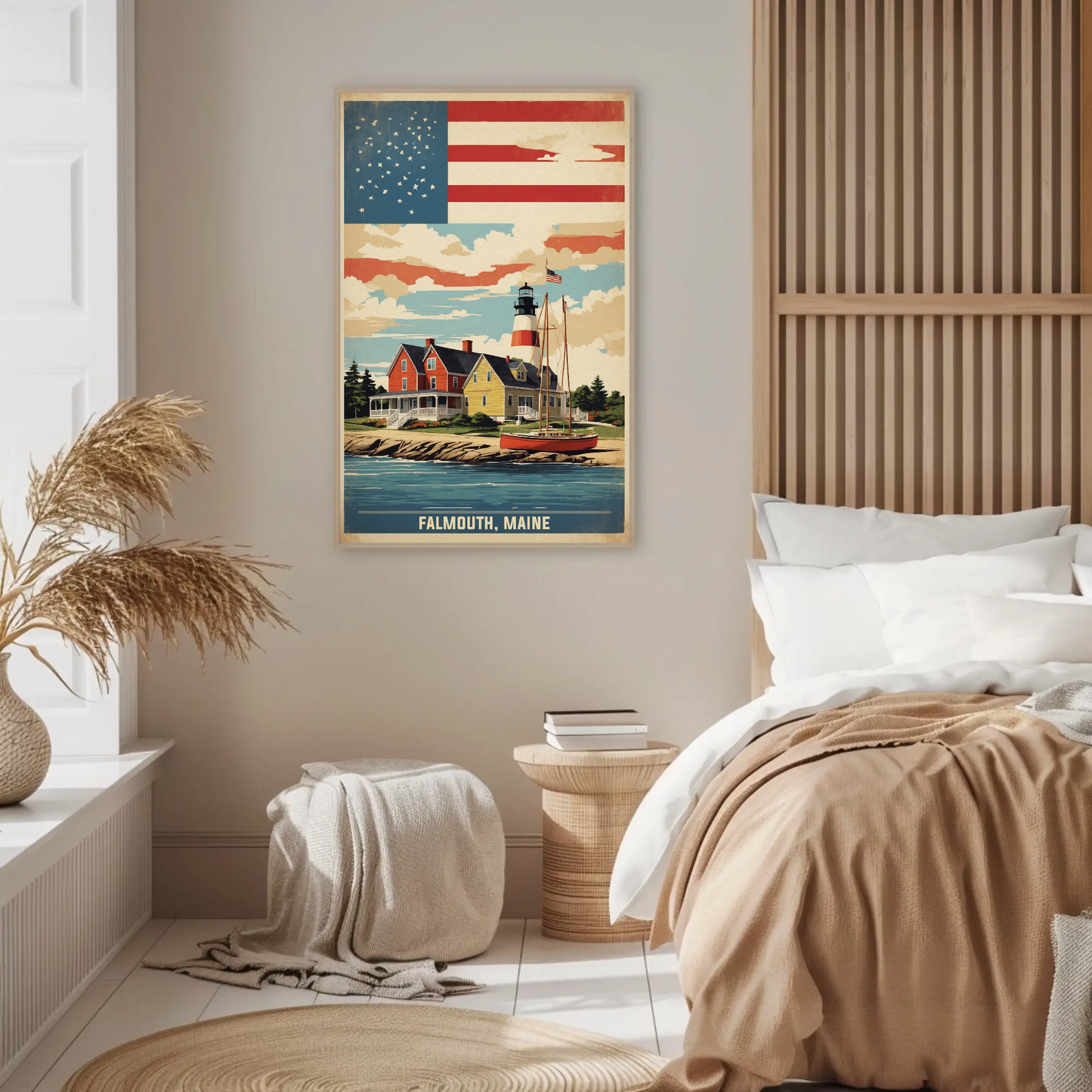 Falmouth Maine Lighthouse Harbor Scene Vintage Travel Poster