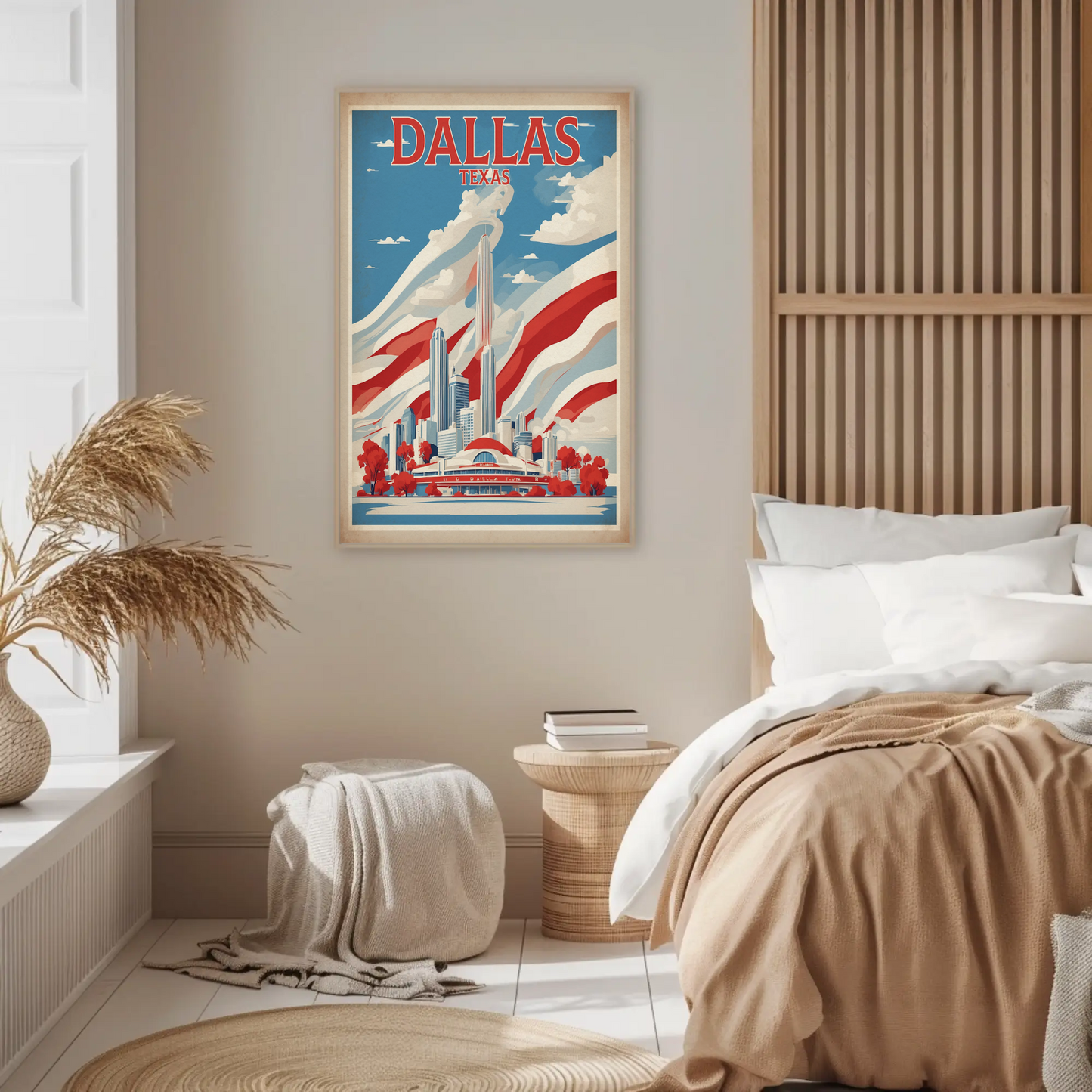 Dallas Texas Skyline Red White Blue Vintage Travel Poster