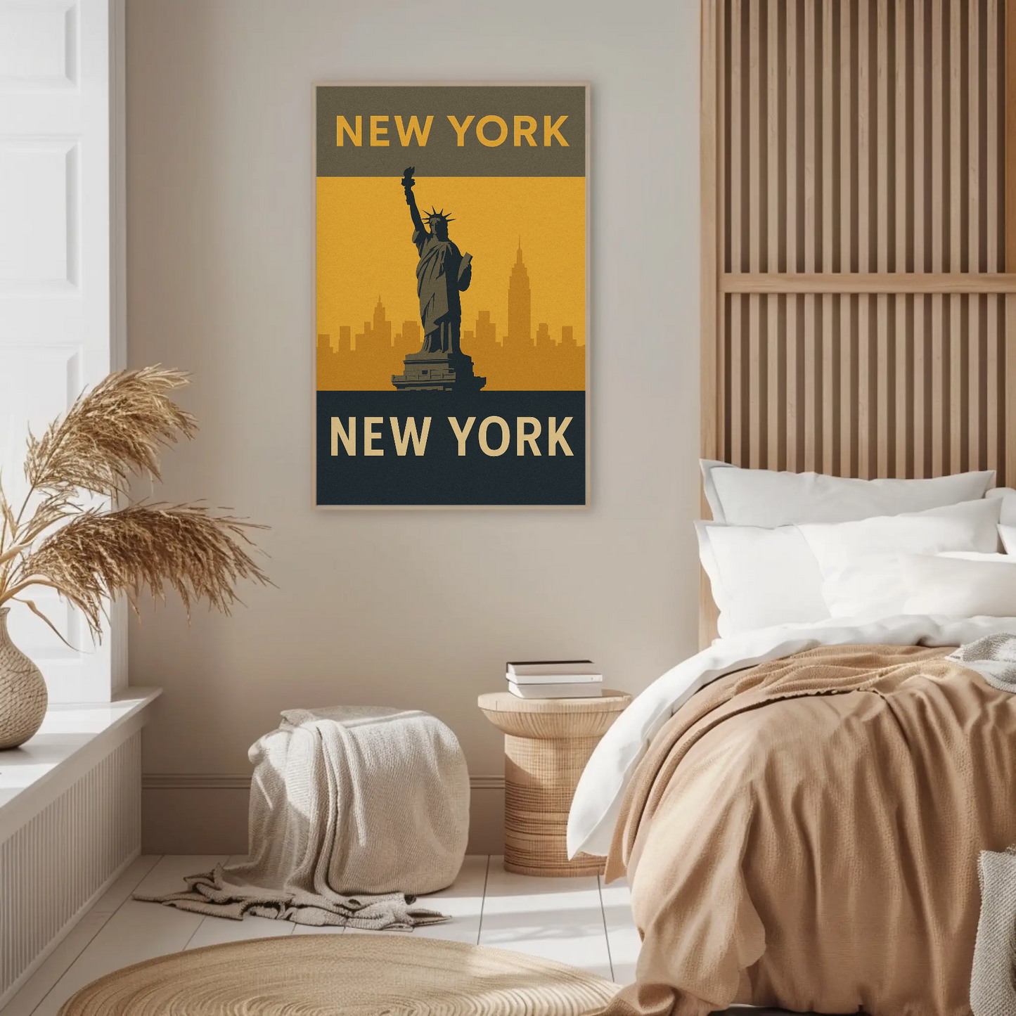 New York City Statue Skyline Yellow Vintage Travel Poster