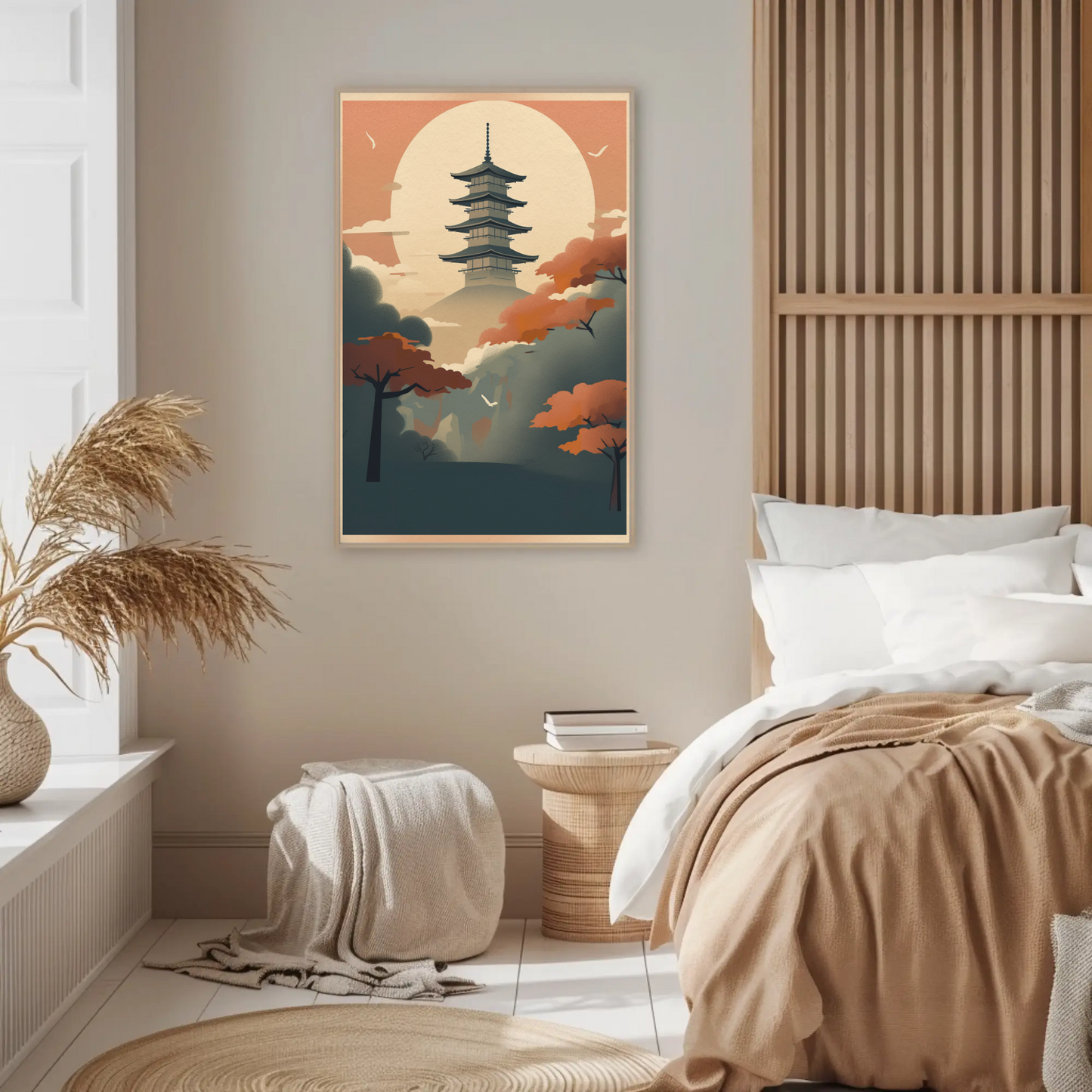 Sunset Pagoda Japan Mountain Haze Vintage Travel Poster