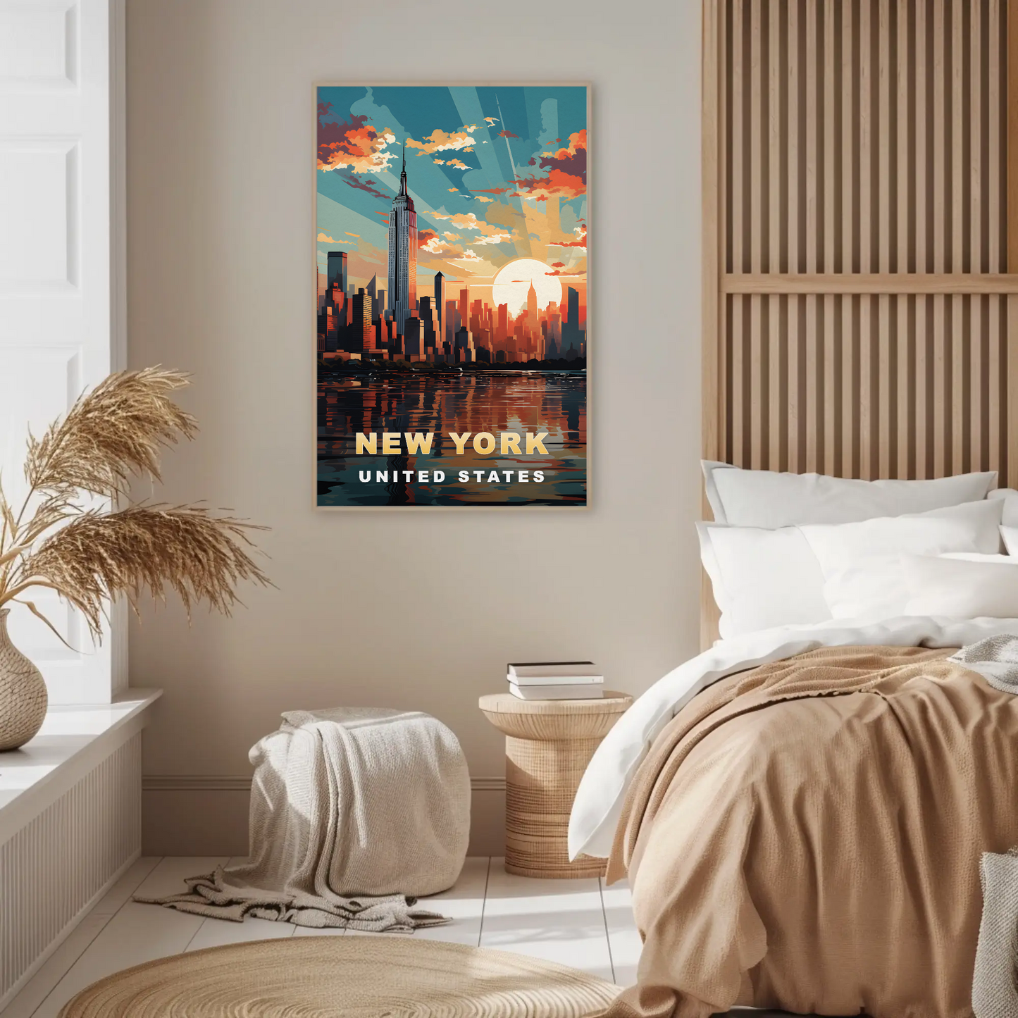 New York City Empire Sunset Reflection Vintage Travel Poster