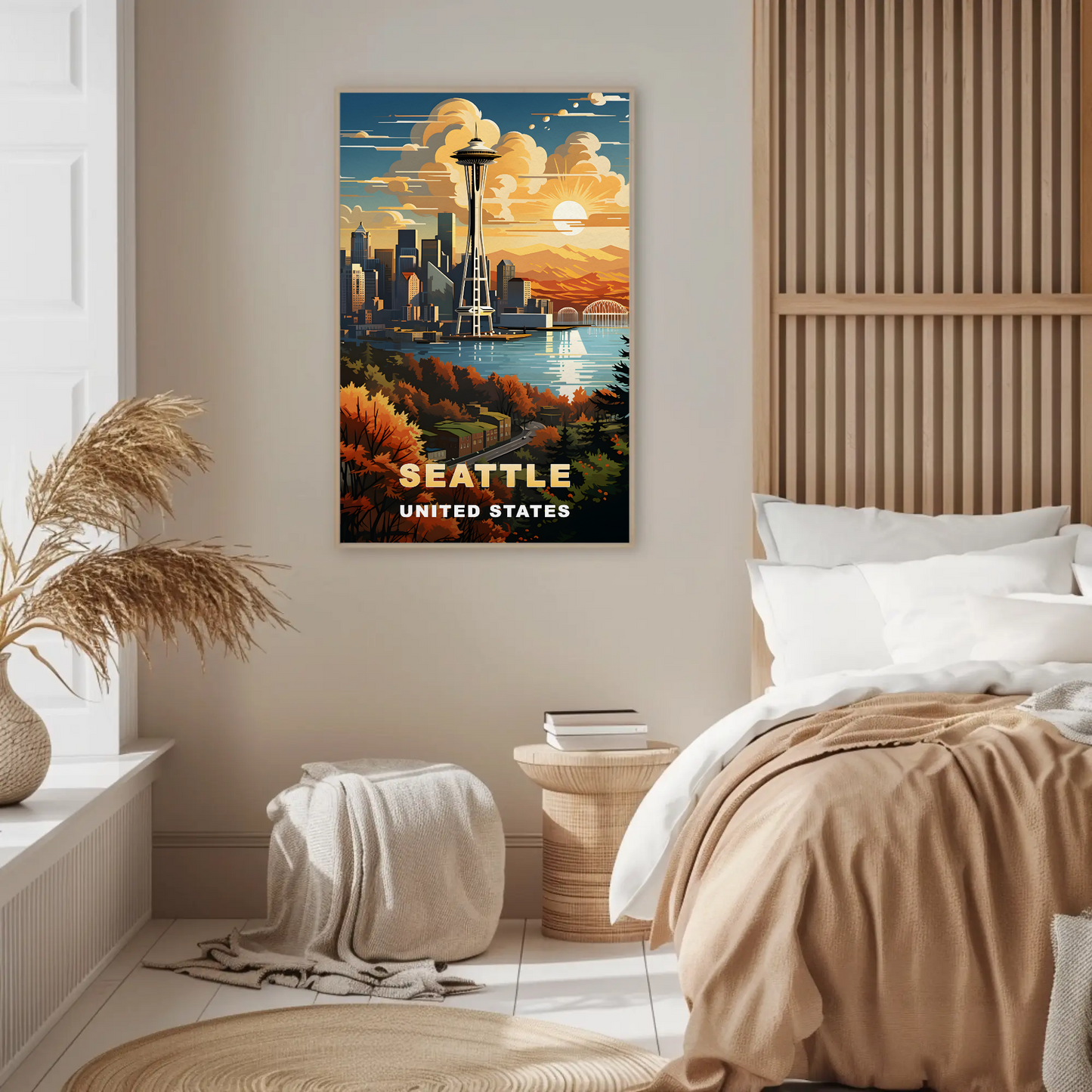 Seattle Space Needle Autumn Sunset Vintage Travel Poster