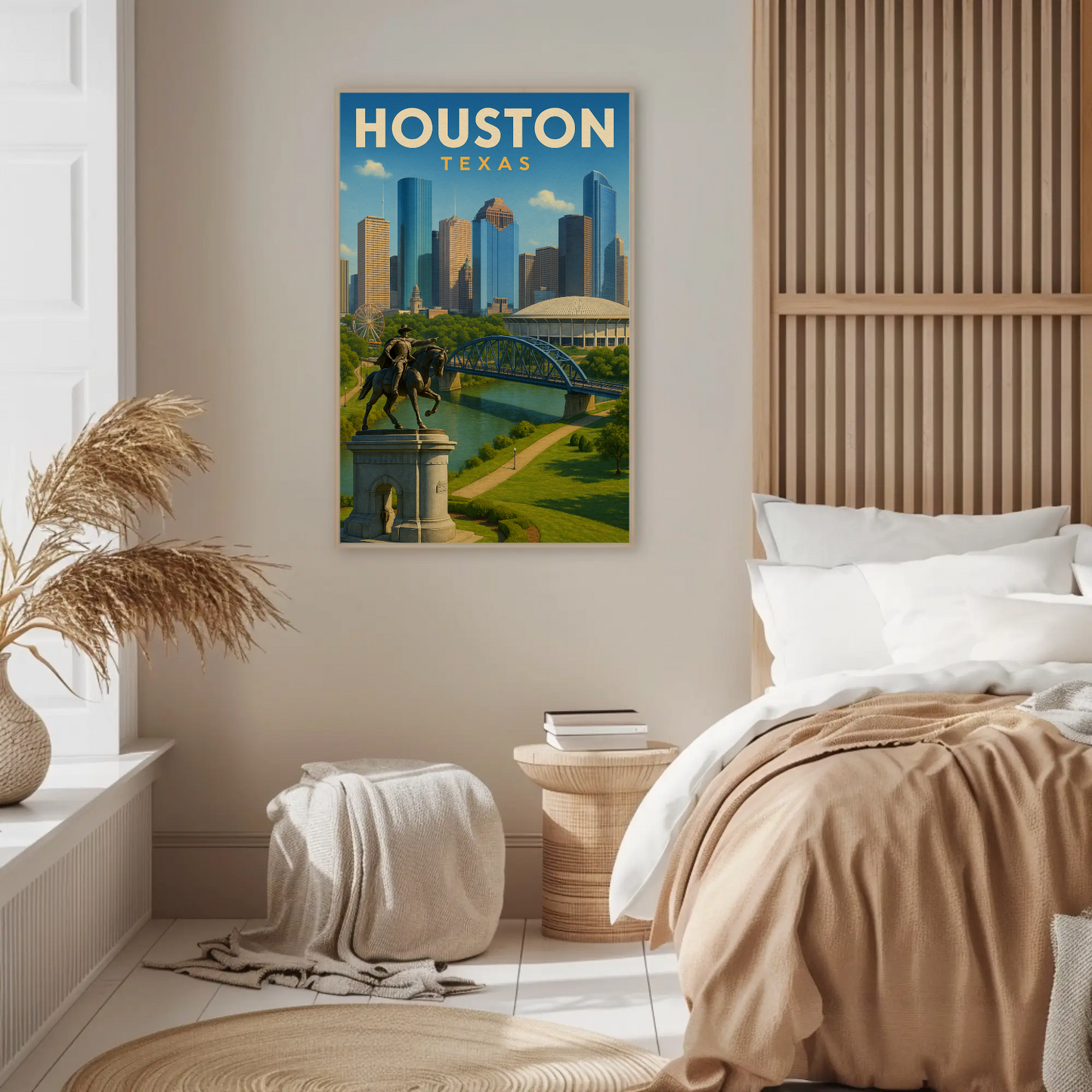 Houston Texas Skyline River Monument Vintage Travel Poster
