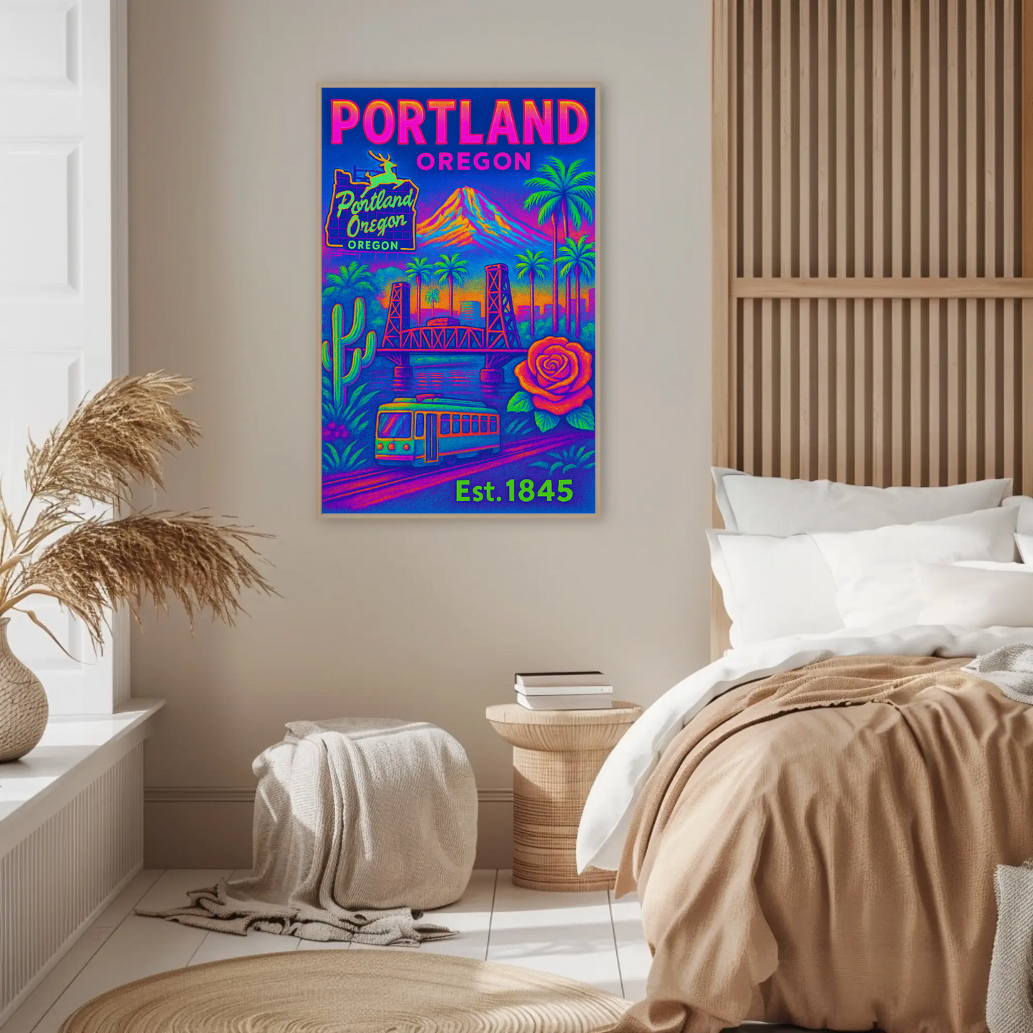 Portland Oregon Rose Bridge Mountain Vintage Travel Poster
