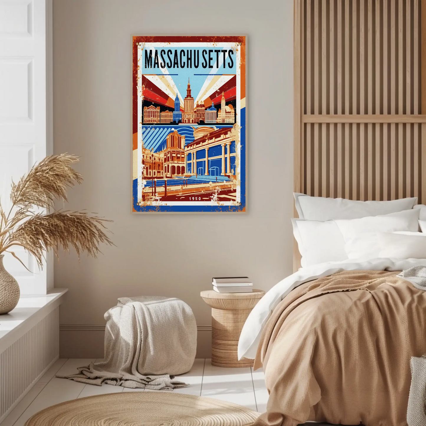 Massachusetts USA 1950 Capitol Skyline Vintage Travel Poster