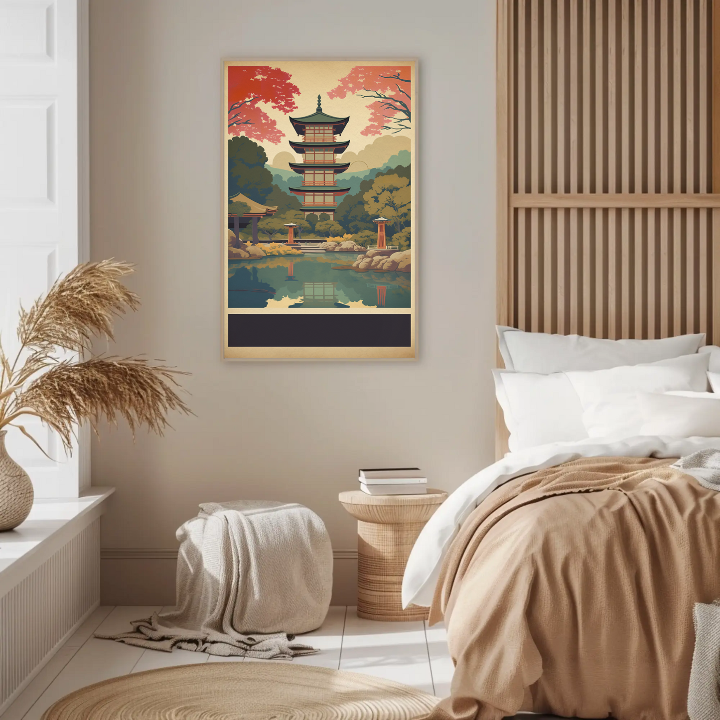 Japan Reflection Pagoda Lake Autumn Vintage Travel Poster