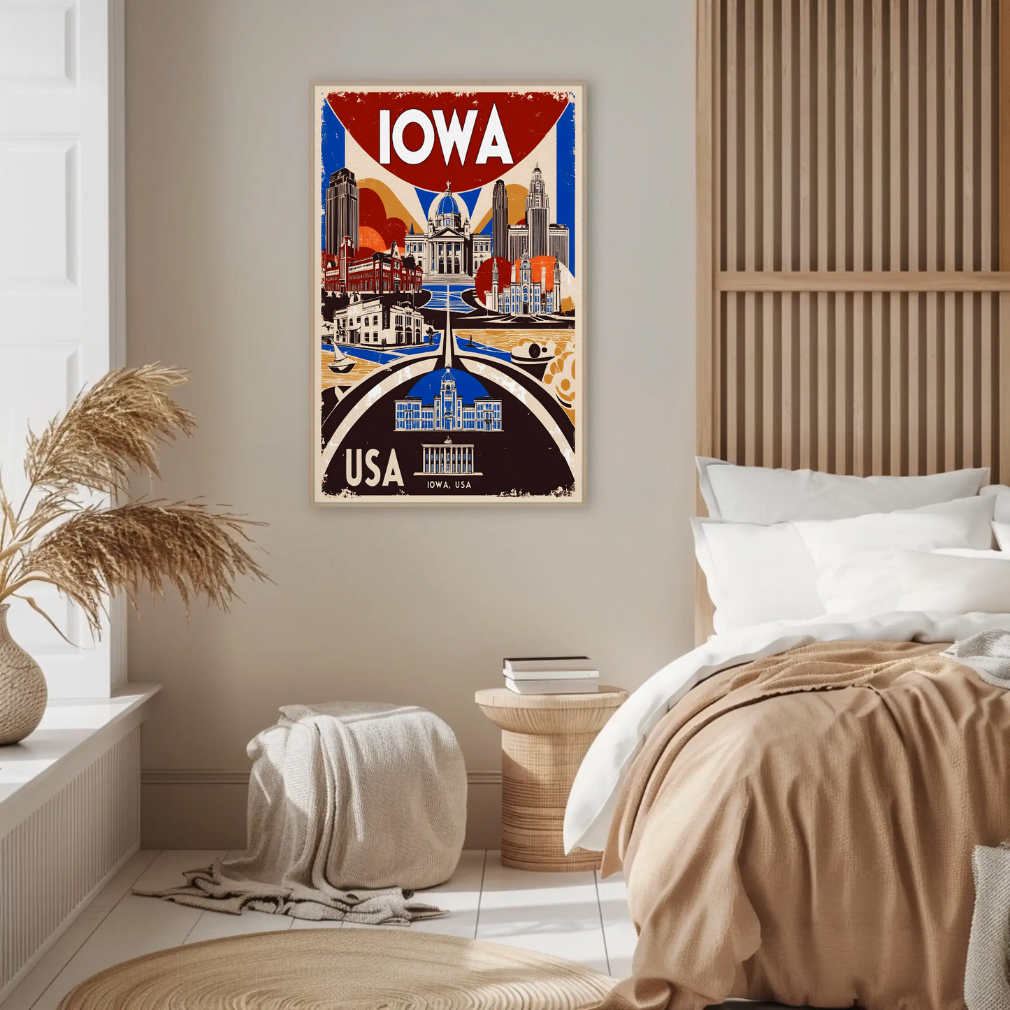 Iowa USA Civic Dome And Skyline Vintage Maroon Travel Poster