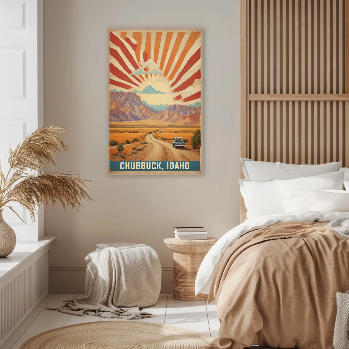 Chubbuck Idaho Sunset Road Desert Mountains Vintage Travel Poster