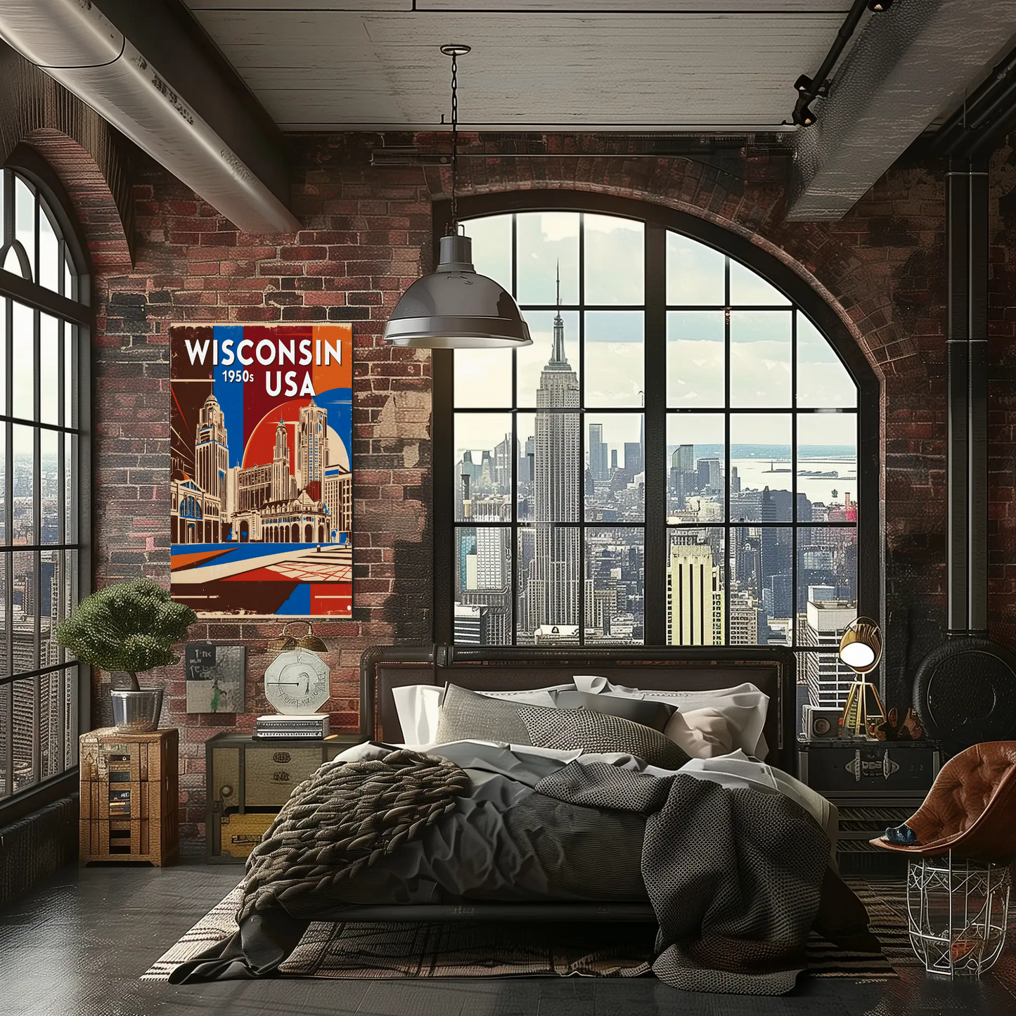 Wisconsin USA 1950s Urban Skyline Vintage Travel Poster