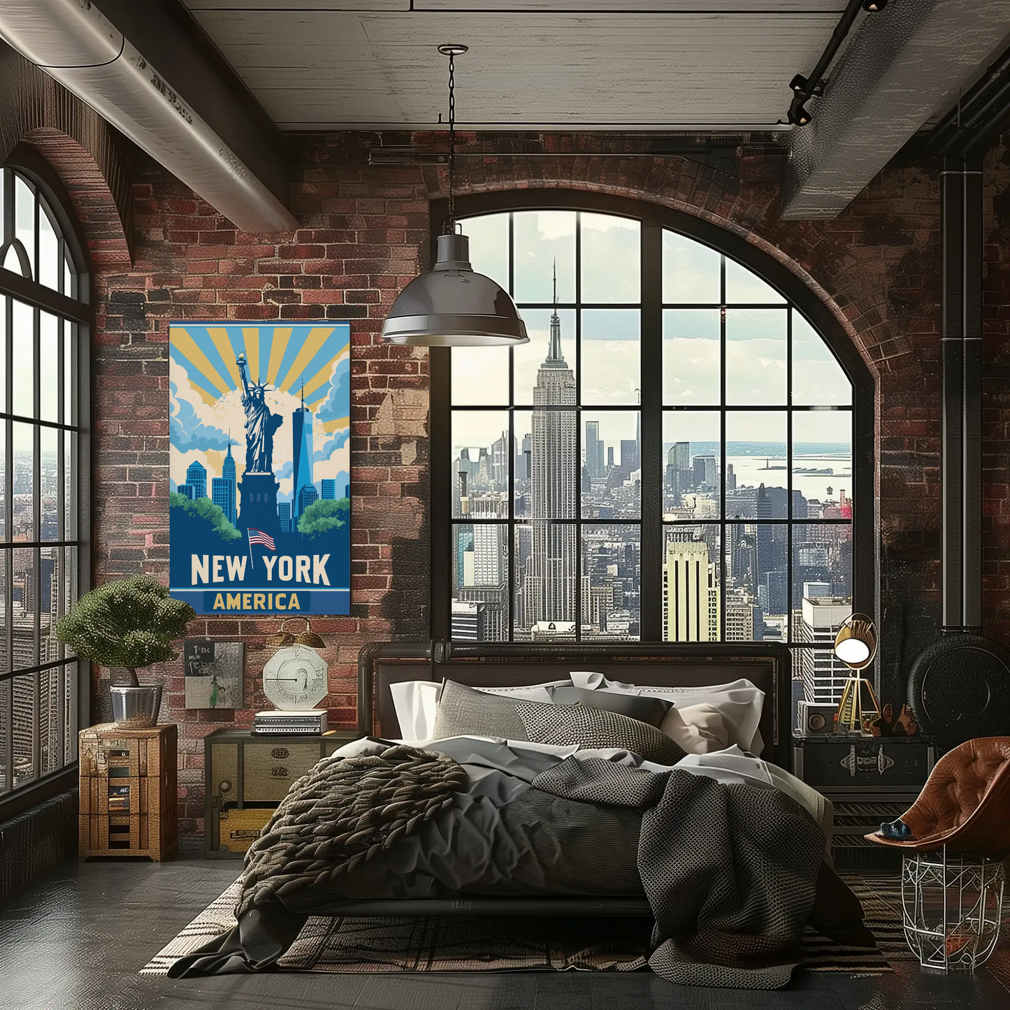 New York America Skyline Liberty Sunrise Vintage Travel Poster
