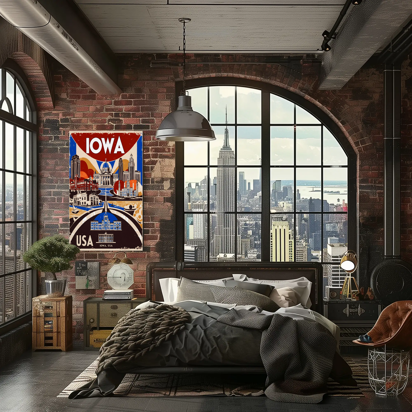 Iowa USA Civic Dome And Skyline Vintage Maroon Travel Poster
