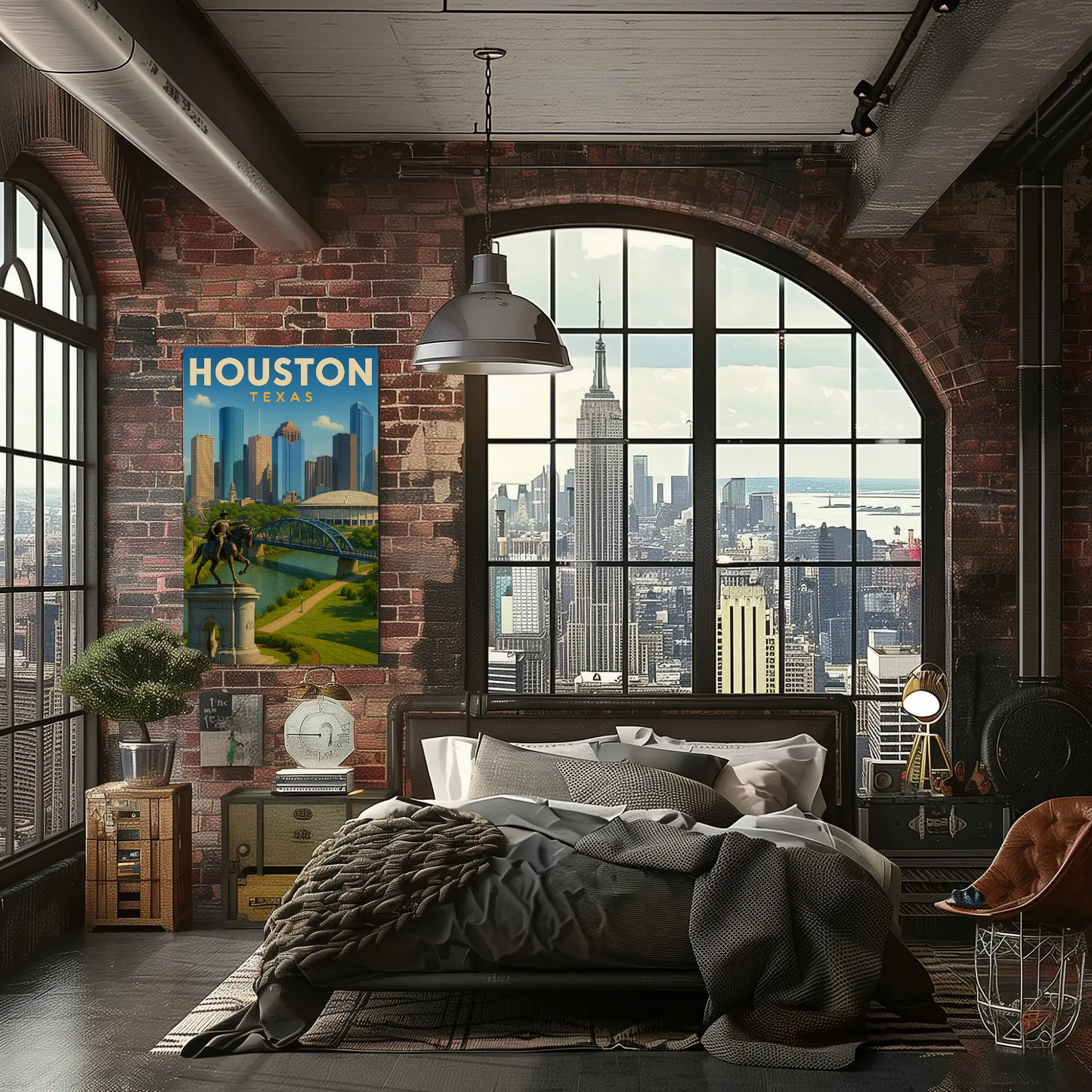 Houston Texas Skyline River Monument Vintage Travel Poster