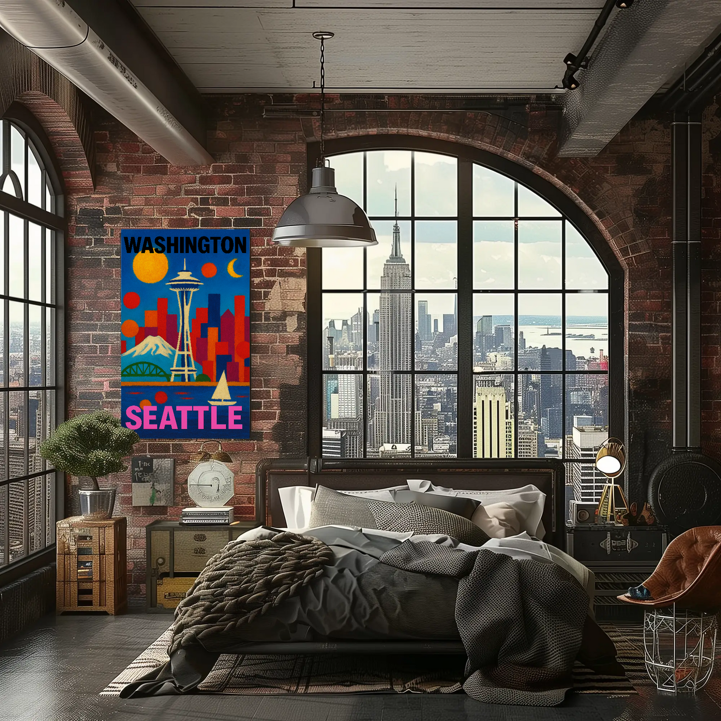 Washington Seattle Space Needle Mountains Sunset Vintage Travel Poster