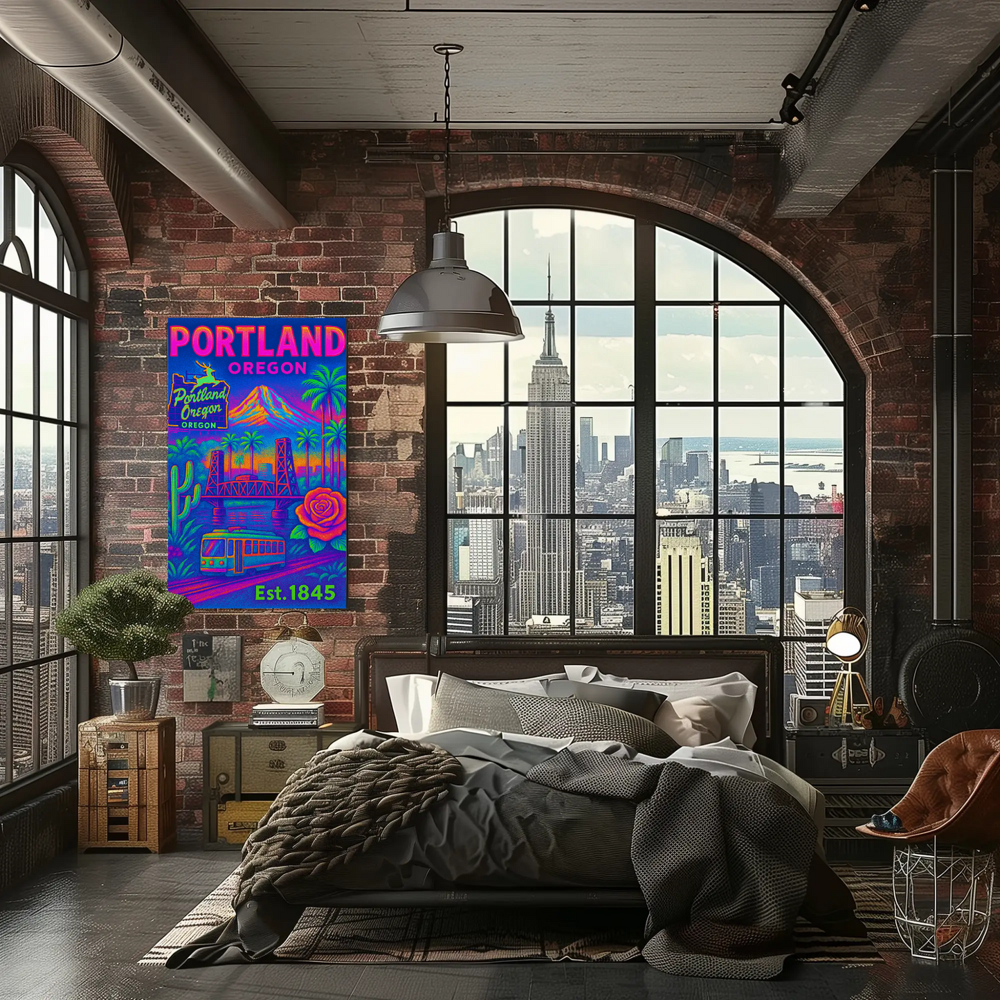Portland Oregon Rose Bridge Mountain Vintage Travel Poster