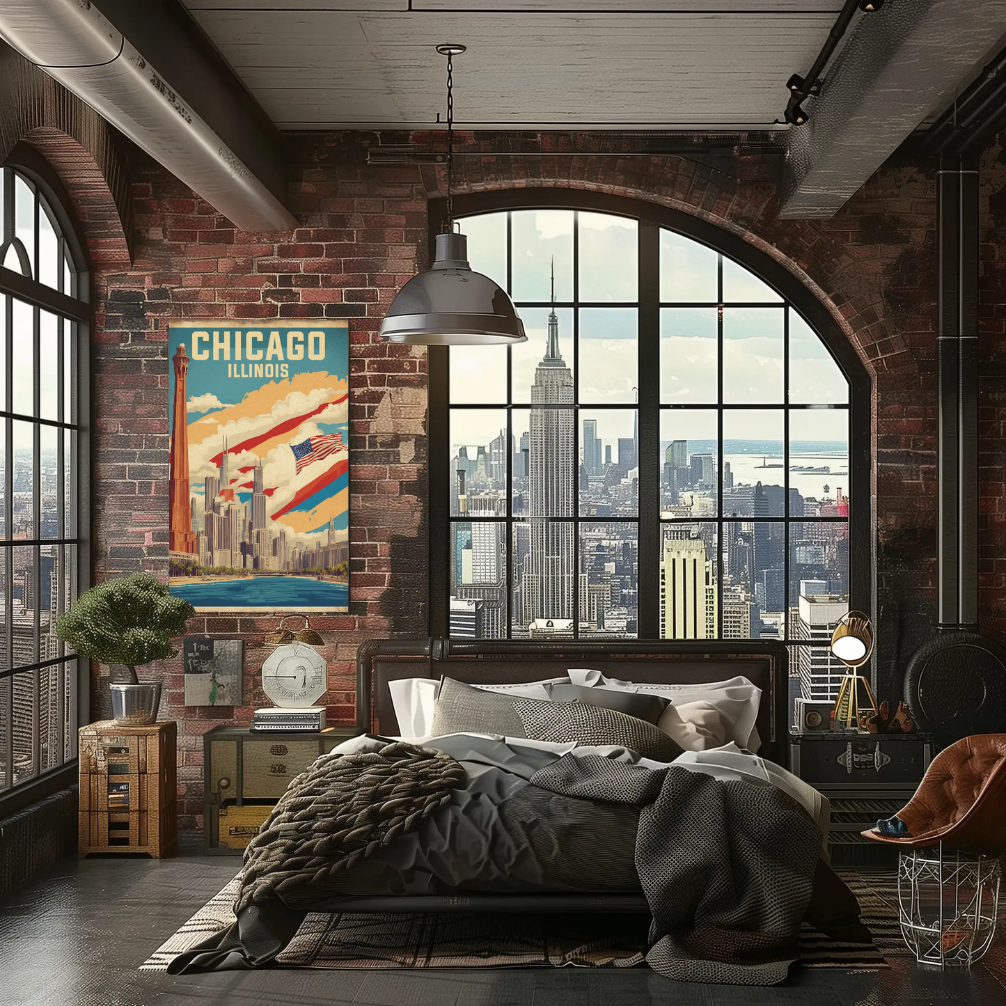 Chicago Illinois Skyline American Flag Cityscape Vintage Travel Poster