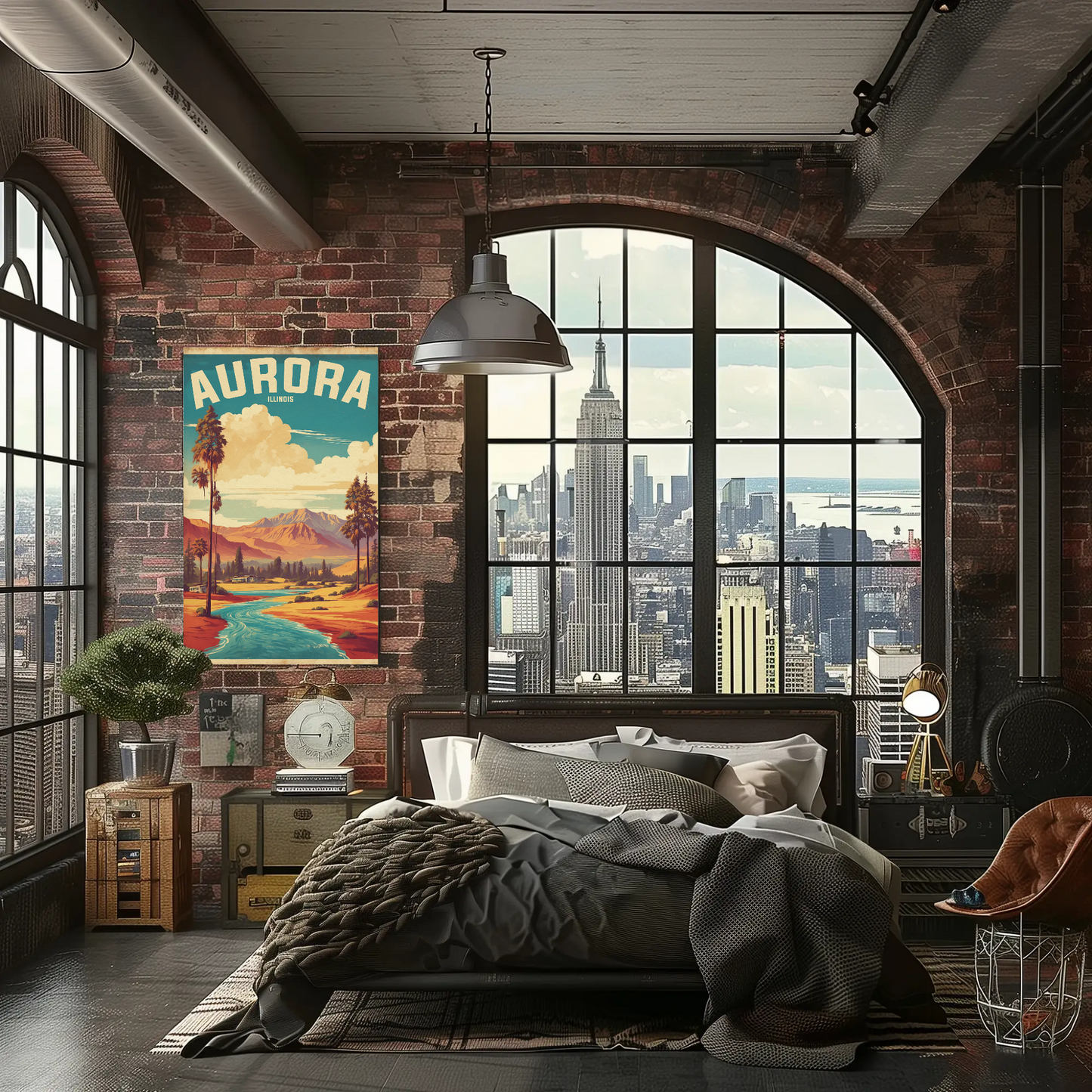 Aurora Illinois River Horizon Vintage Travel Poster