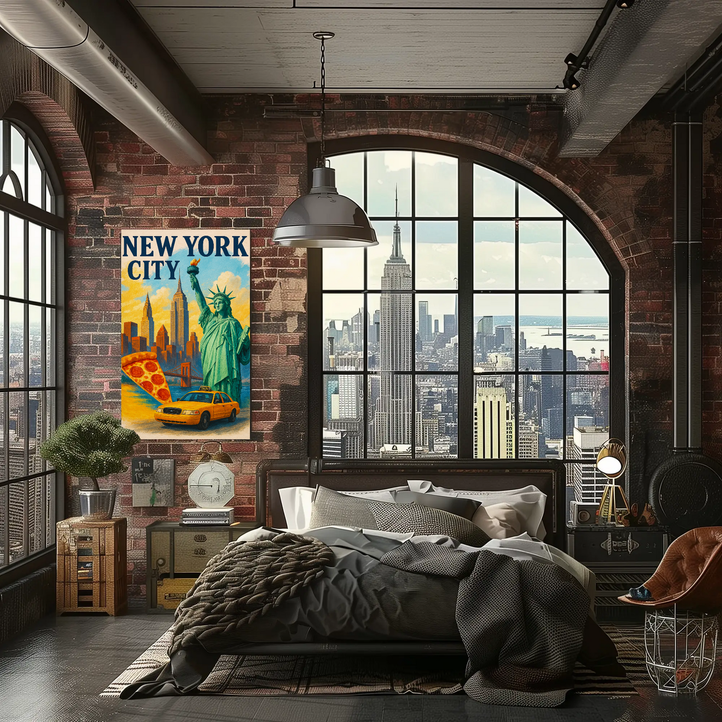 New York City Pizza Taxi Skyline Vintage Travel Poster
