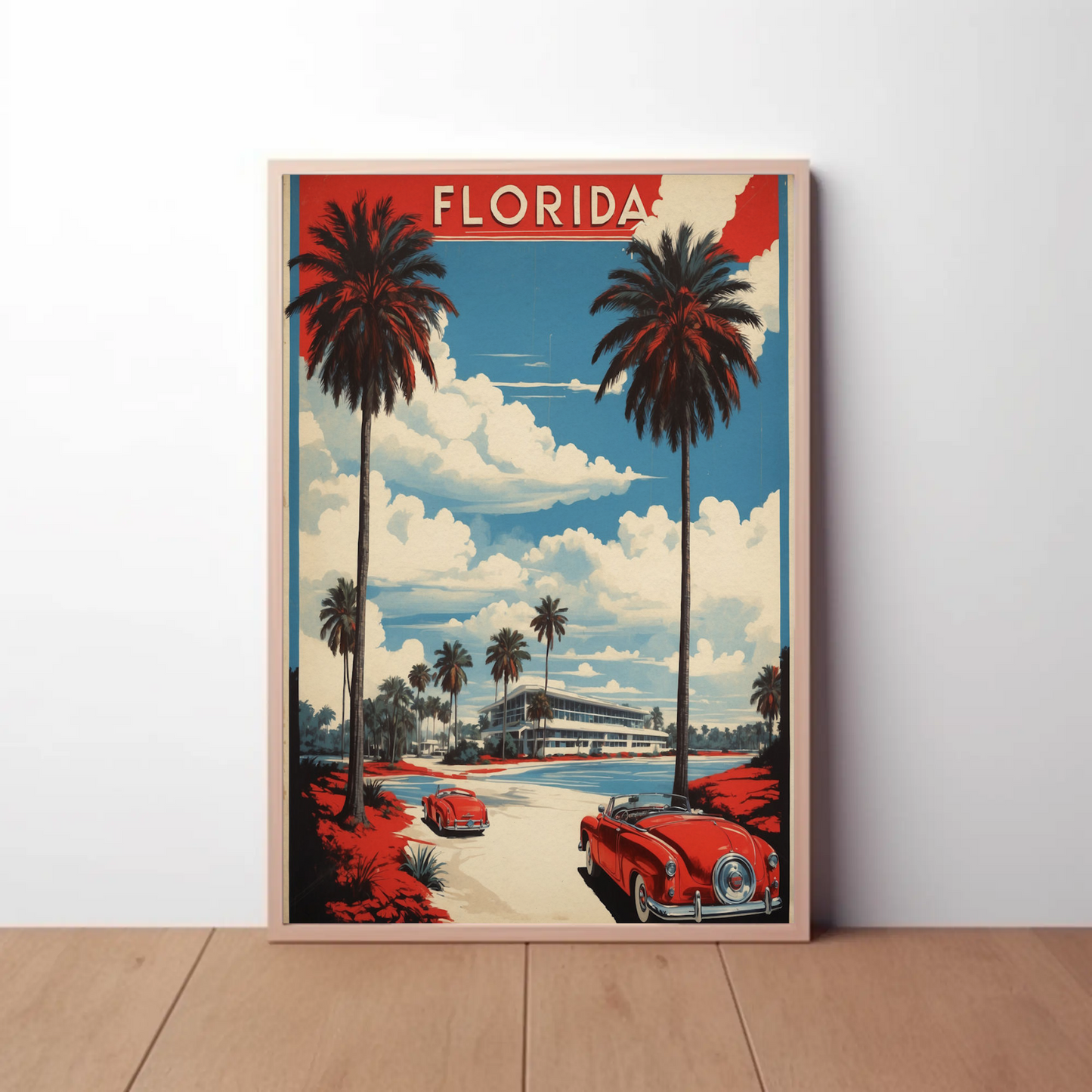 Florida Retro Cars Beach Palms Vintage Travel Poster