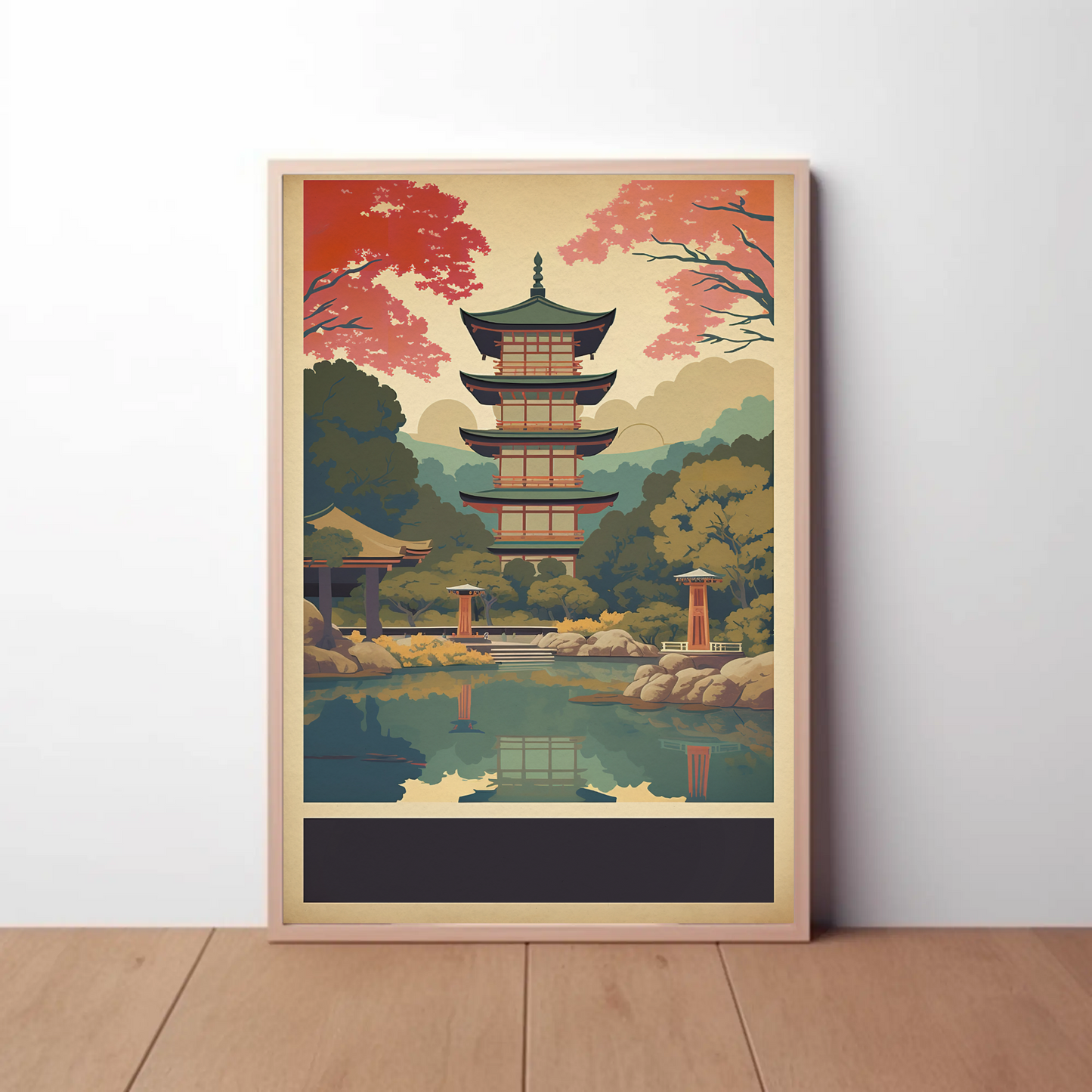 Japan Reflection Pagoda Lake Autumn Vintage Travel Poster