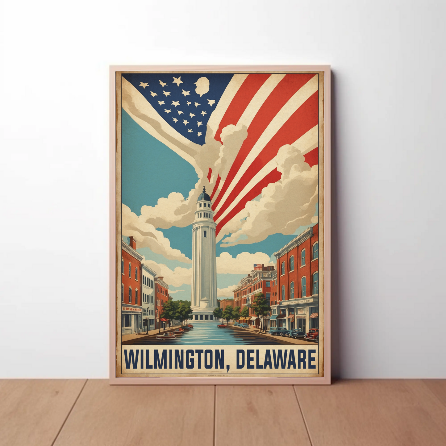 Wilmington Delaware Tower And Flag Streetscape Vintage Travel Poster