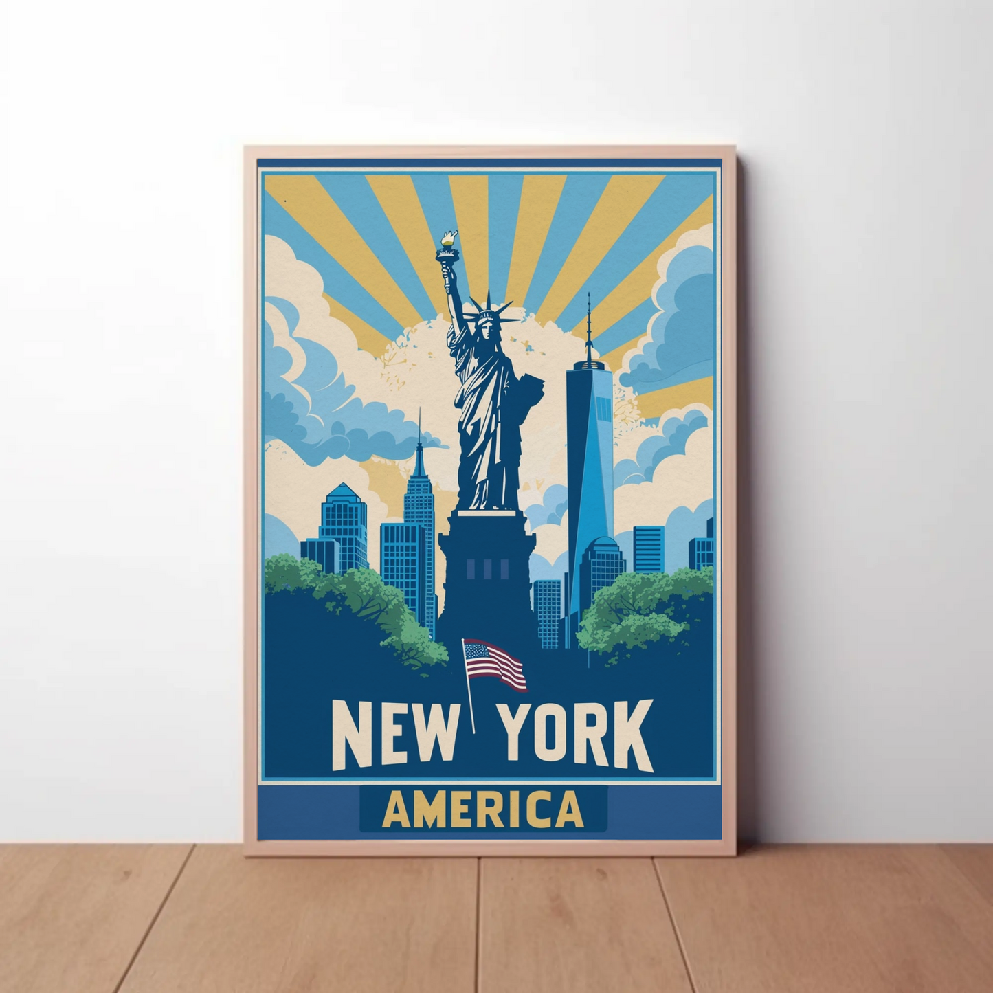 New York America Skyline Liberty Sunrise Vintage Travel Poster