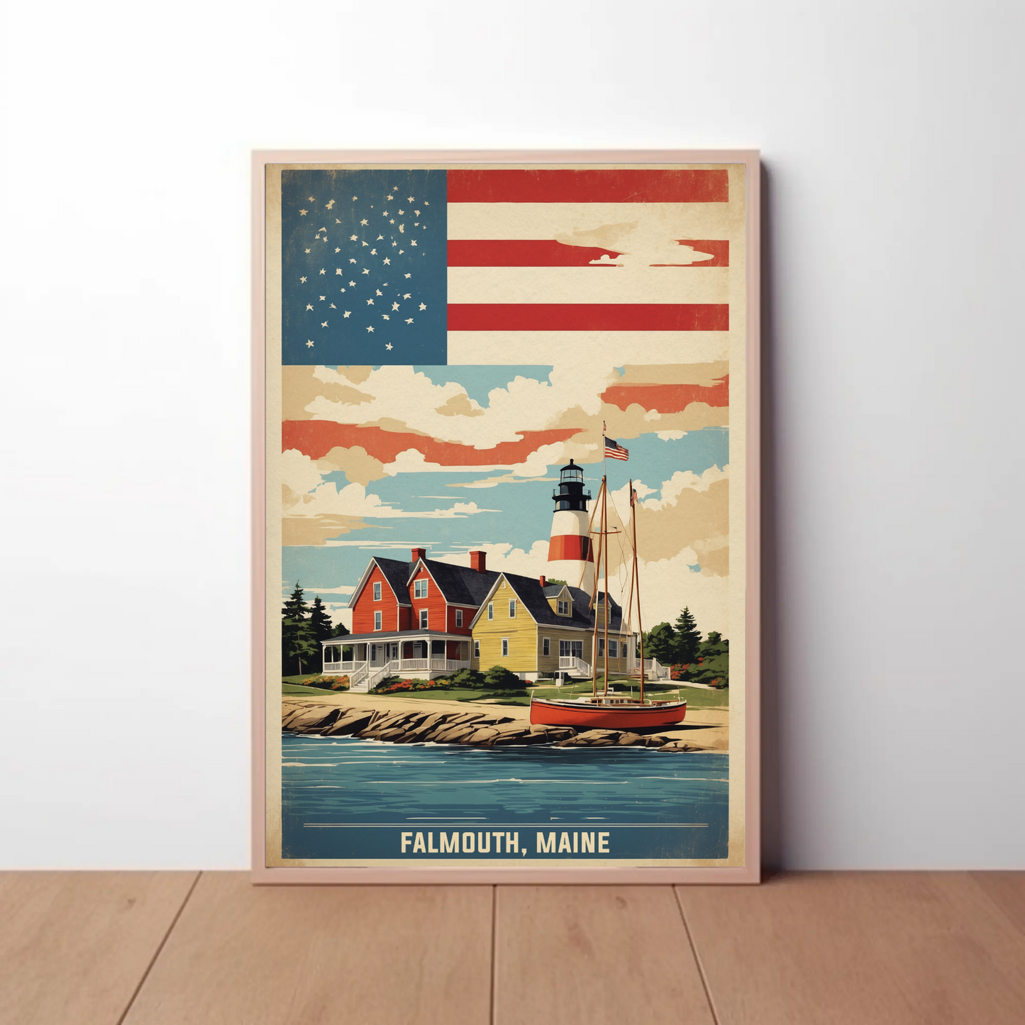 Falmouth Maine Lighthouse Harbor Scene Vintage Travel Poster