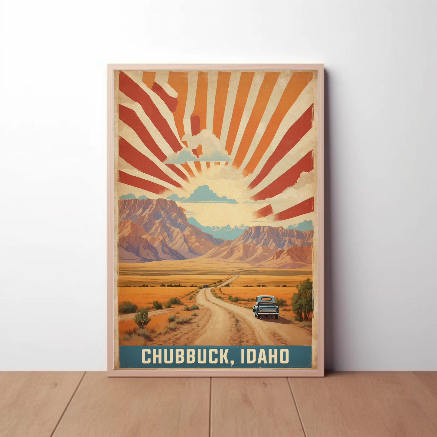 Chubbuck Idaho Sunset Road Desert Mountains Vintage Travel Poster