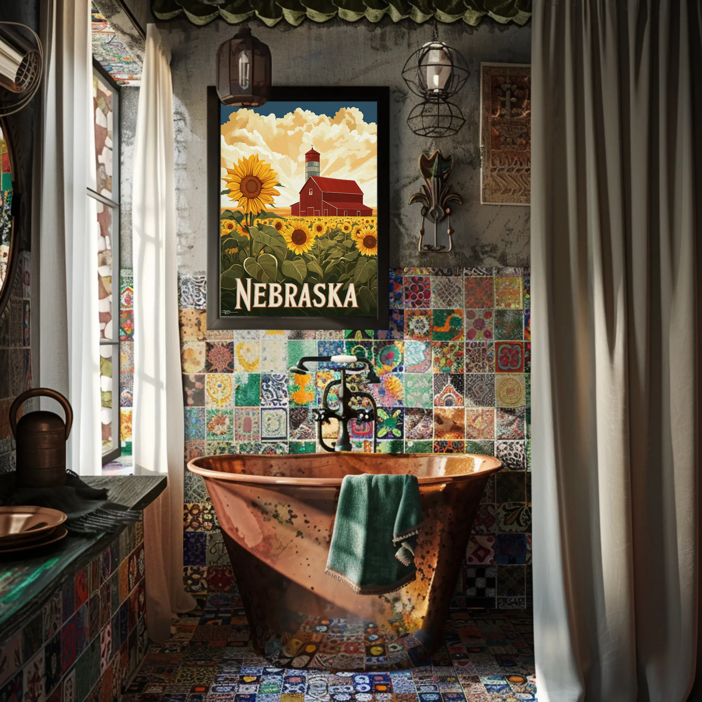 Nebraska Vintage Poster - Sunflower Barn
