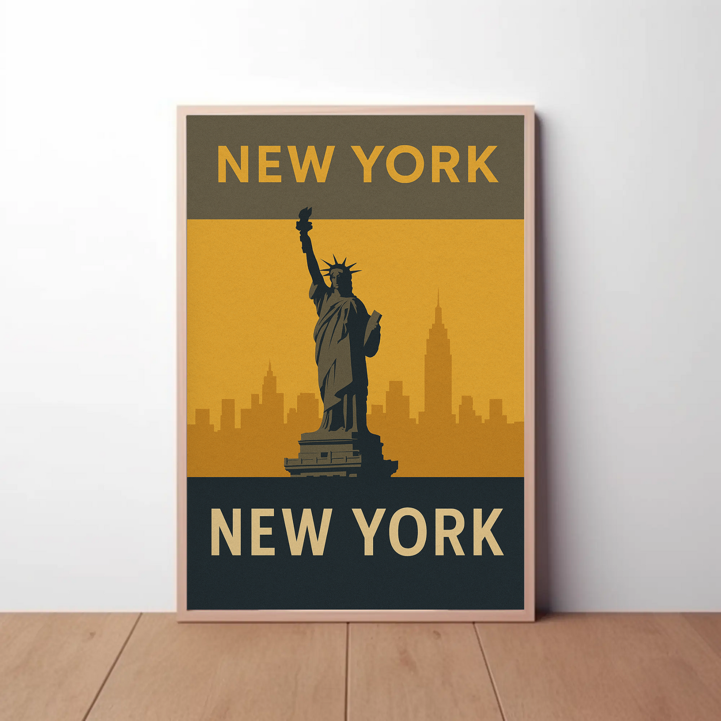New York City Statue Skyline Yellow Vintage Travel Poster