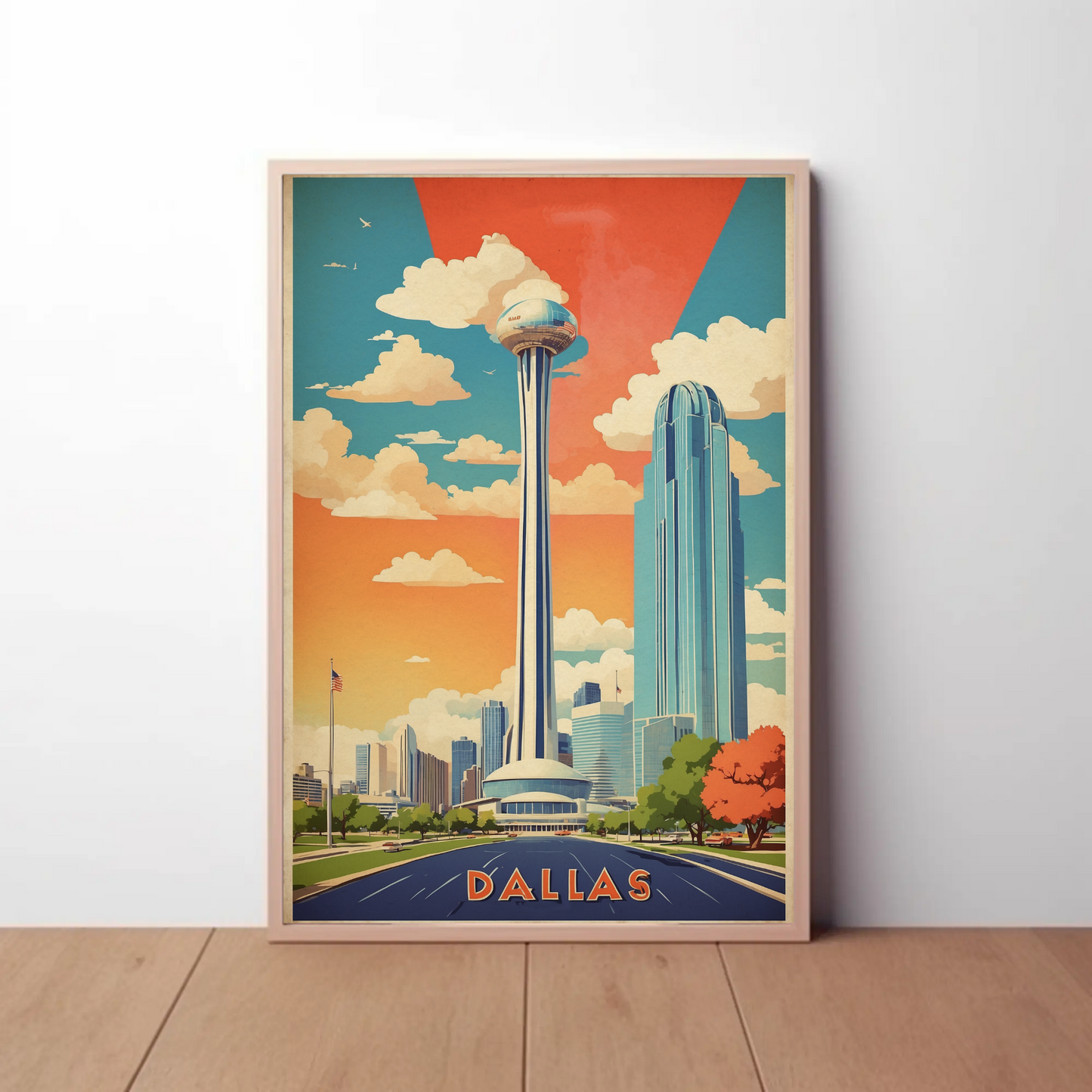 Dallas Texas Skyline Reunion Tower Vintage Travel Poster