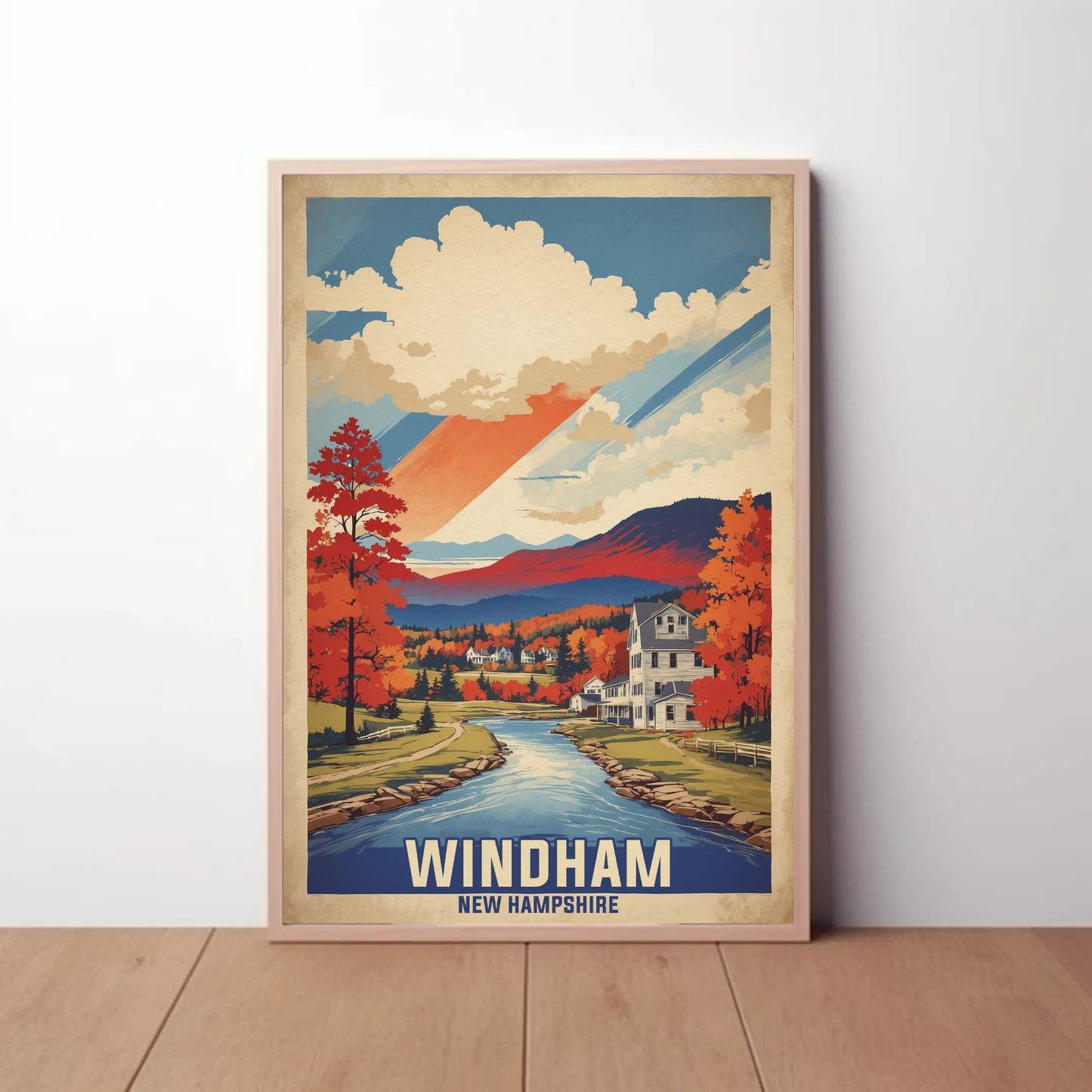 Windham Maine Lakeside Flag Retreat Vintage Travel Poster